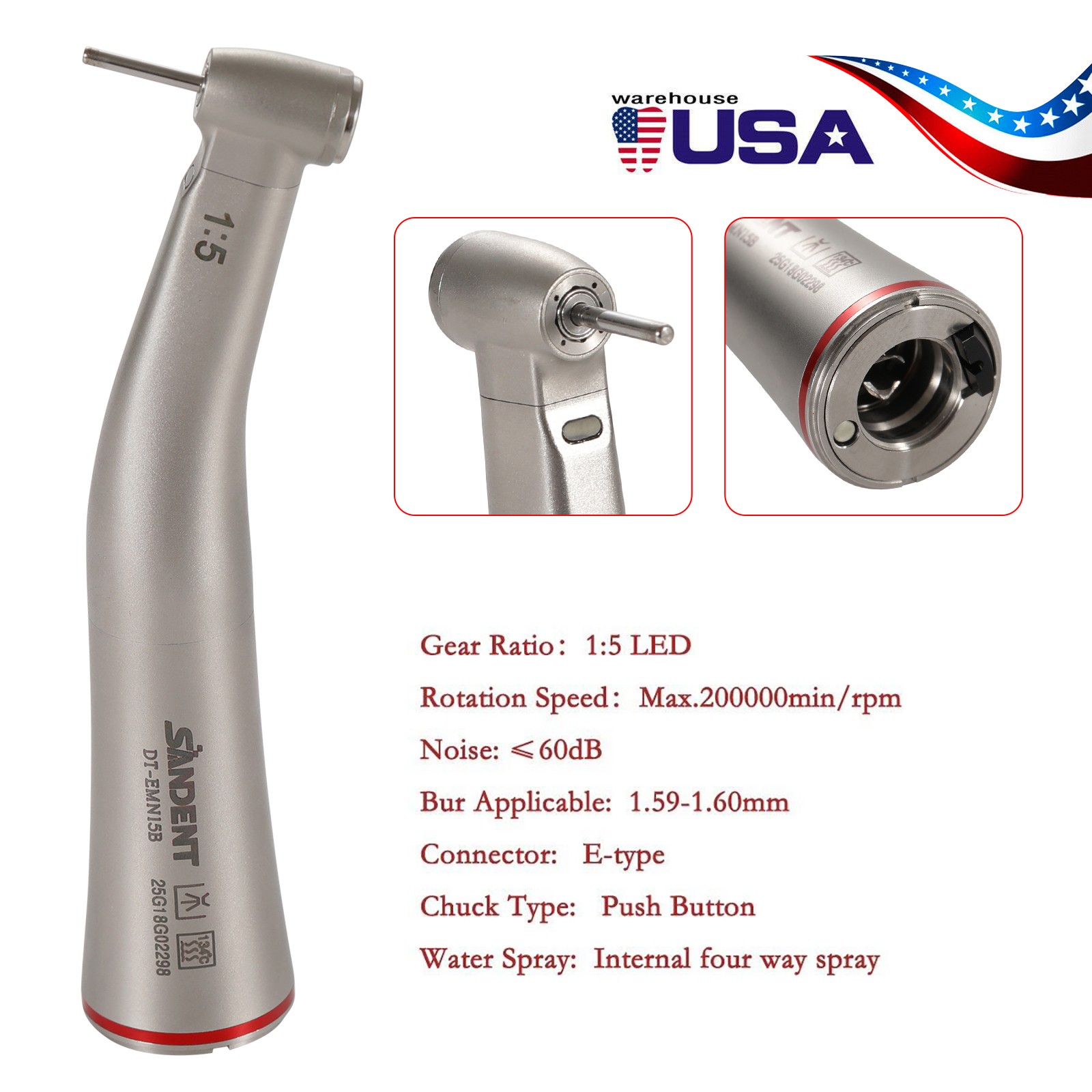 Dental 1:5 Contra Angle FG1.6mm LED Fiber Optic Handpiece MINI Inner Spray UPS H