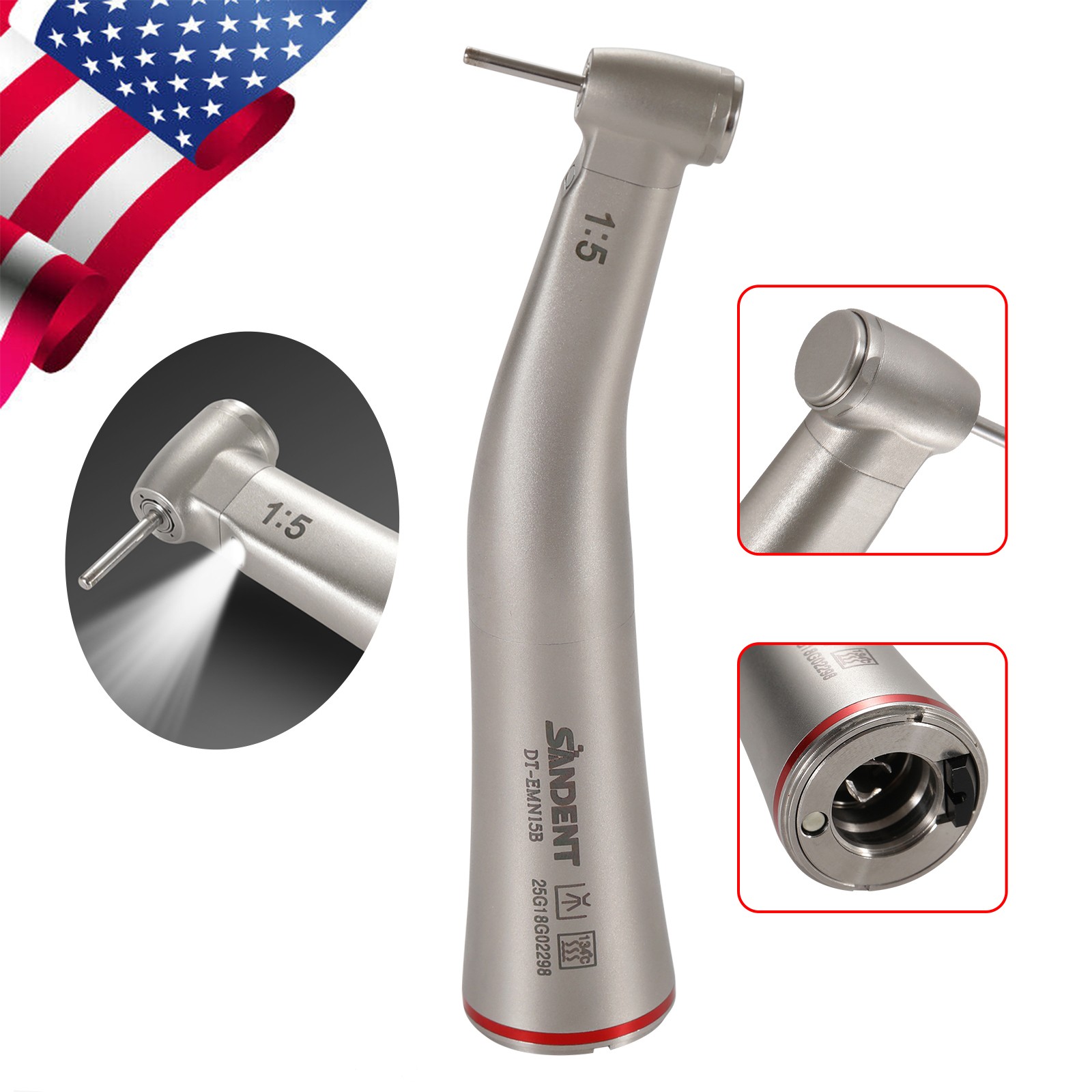 Dental 1:5 Contra Angle FG1.6mm LED Fiber Optic Handpiece MINI Inner Spray UPS H