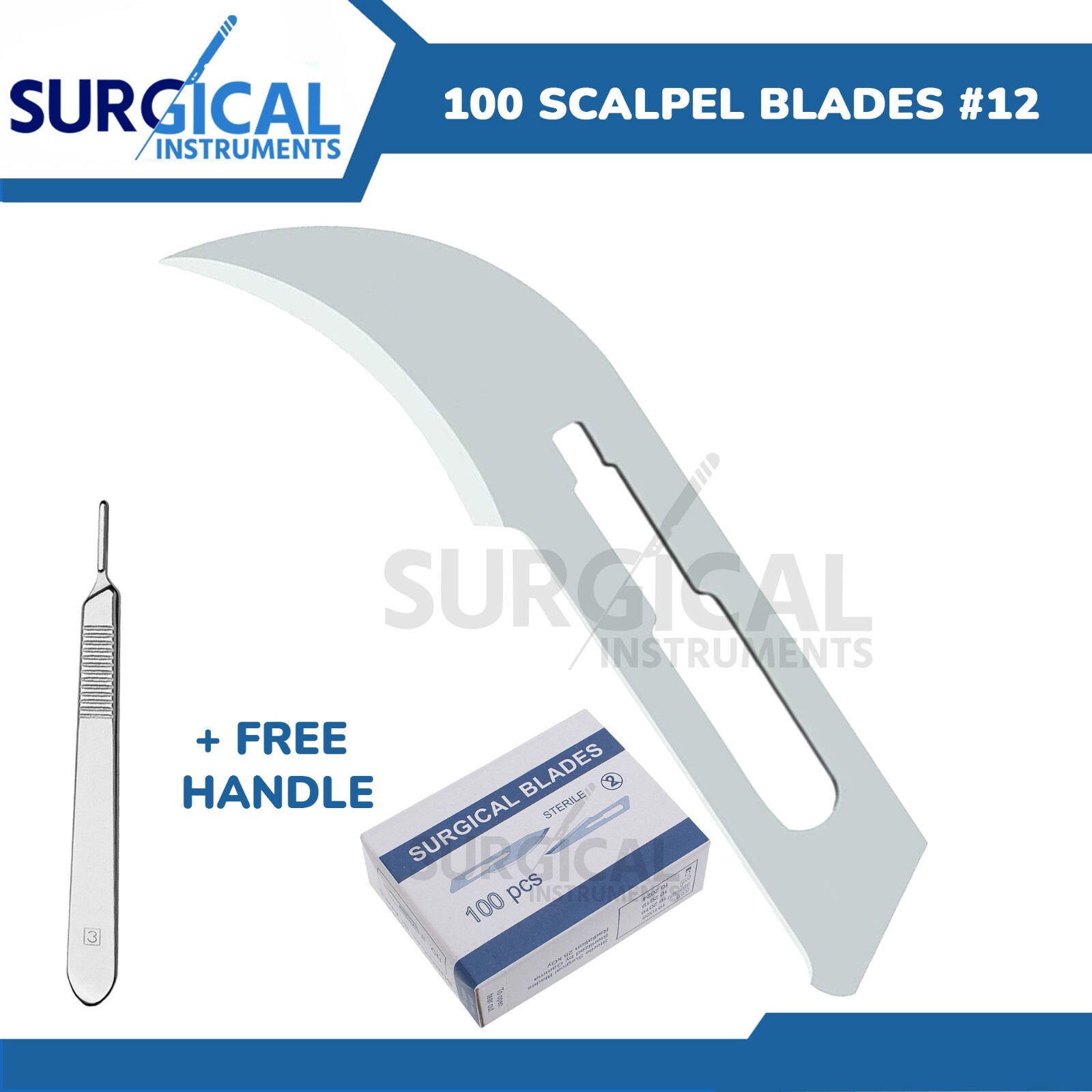 100 Scalpel Blades #12 Surgical Dental ENT Instruments with Free #3 Handle H-Q