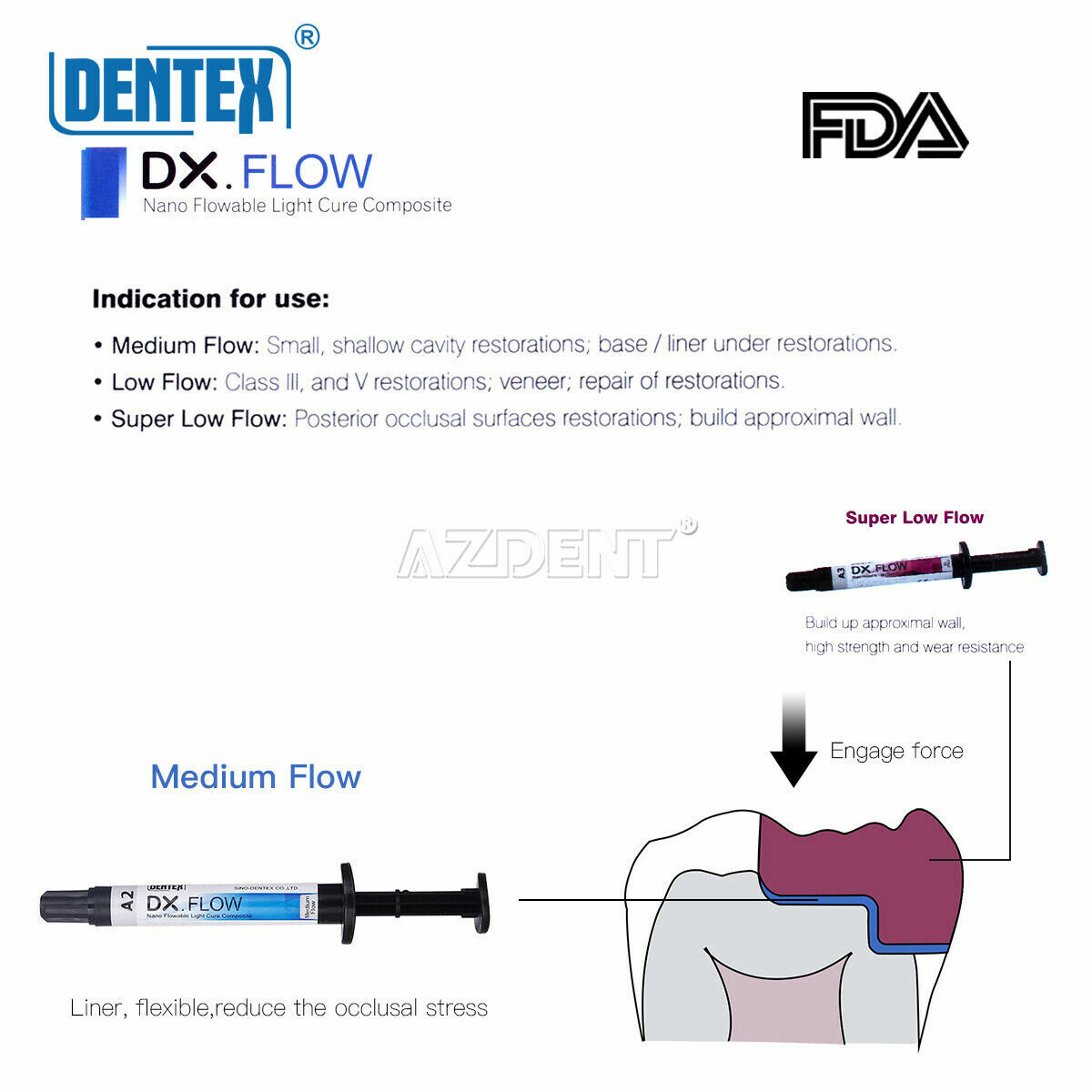 US Dentex Dental Flowable Light Cure Composite Resin Medium/Low Flow A1 A2 A3