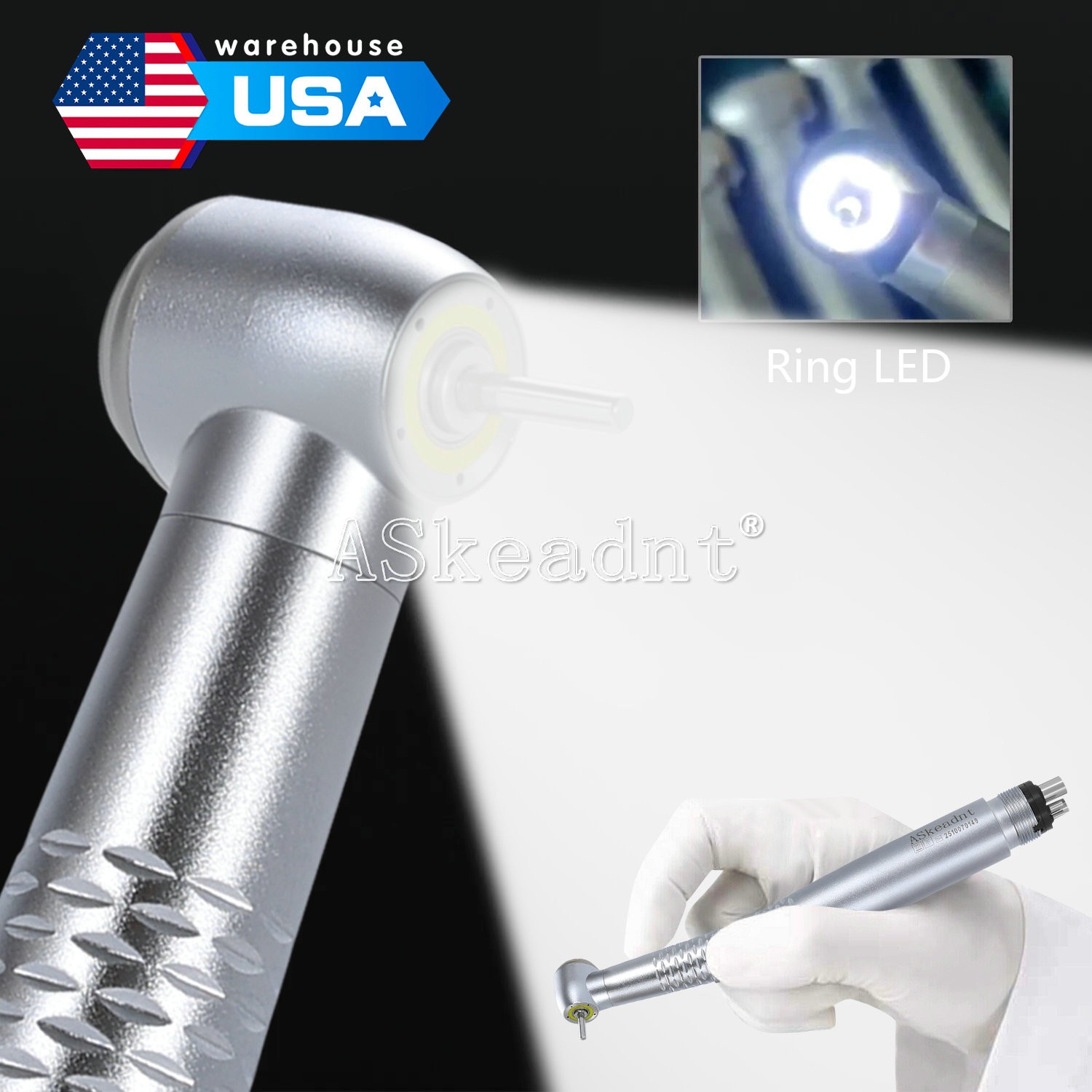 1-10*Dental Shadowless Ring LED High Speed Handpiece 5Water Spary 4Hole ASkeadnt