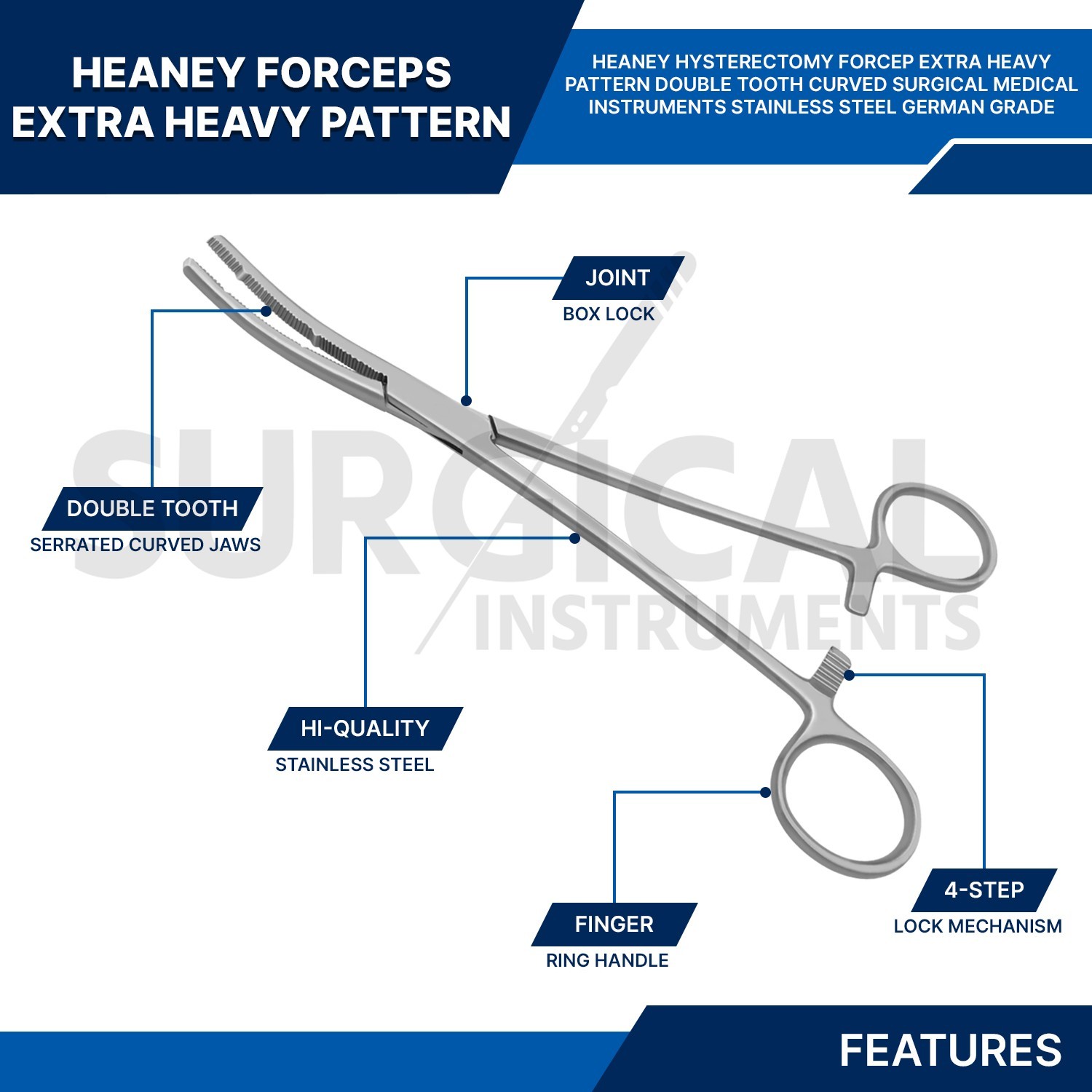Heaney Forceps 9″ Extra Heavy Pattern, Double Tooth, Curved German Grade