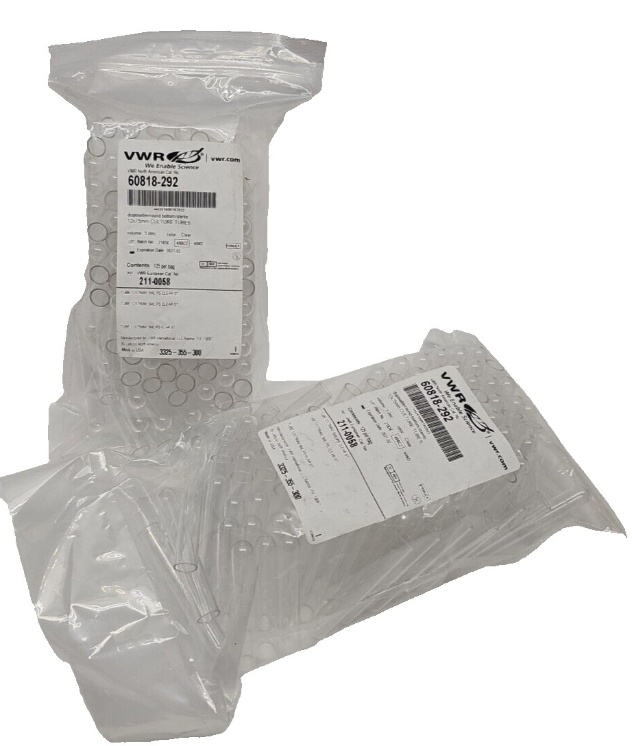 VWR Culture Tubes 12x75mm, 60818-292, 250 Each, exp 02/2027 (new sealed)