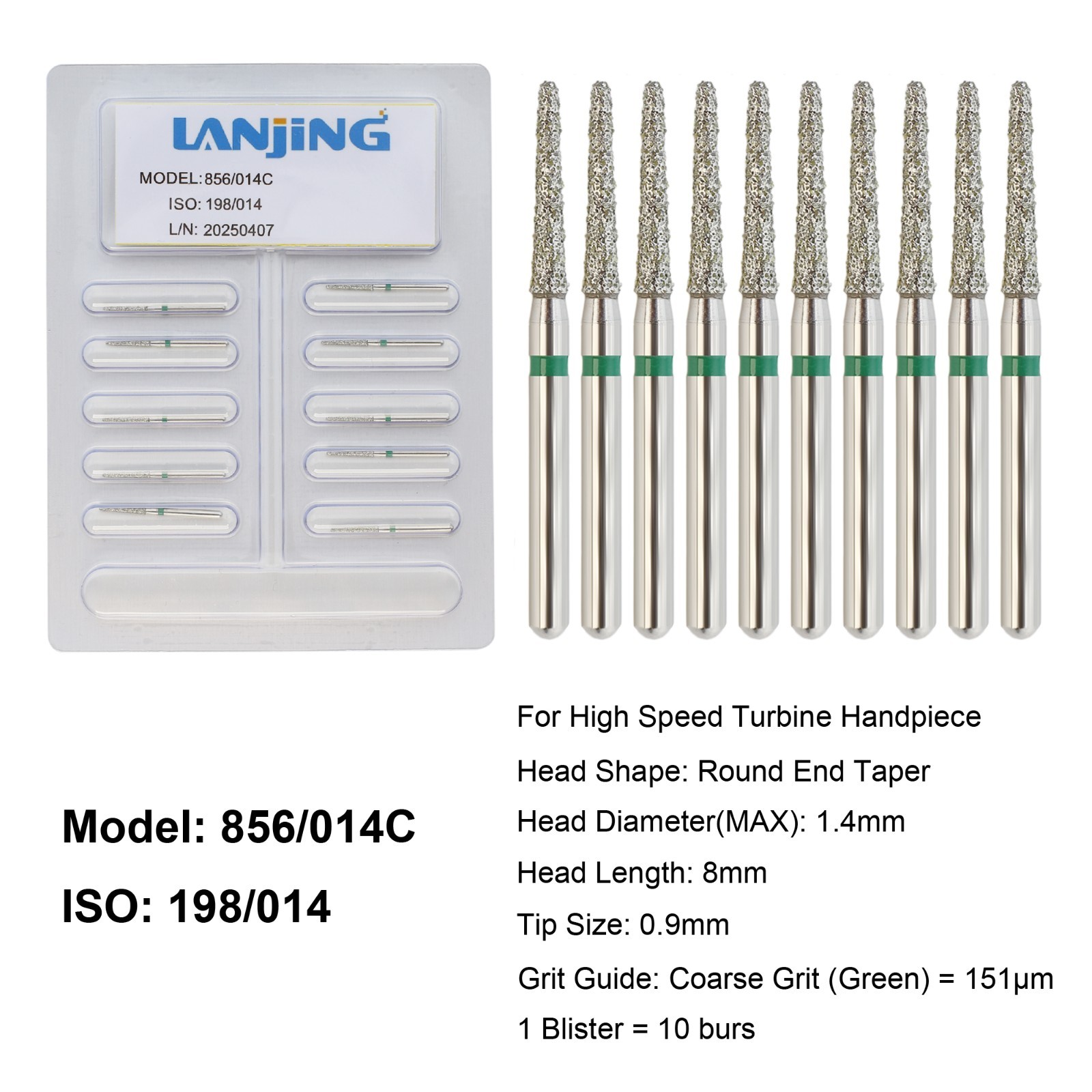 Dental Diamond Burs FG Round End Taper Football Fine Coarse 856 850 High Speed
