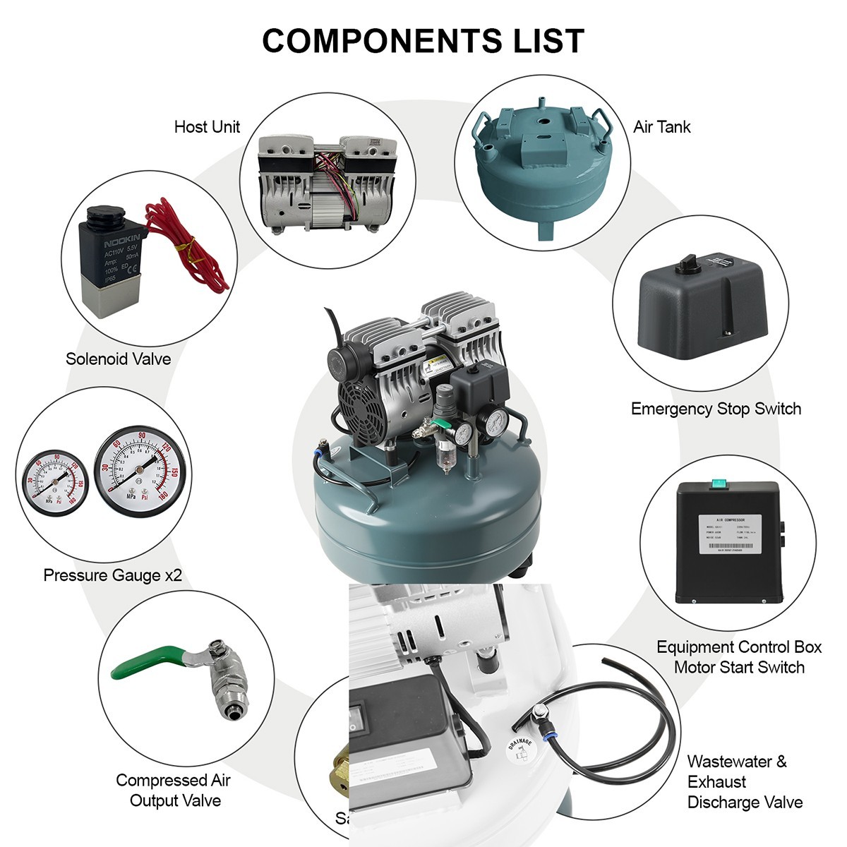 24L Portable Compresor de aire dental Oil Free Silent Air Pump 600W Air Tank