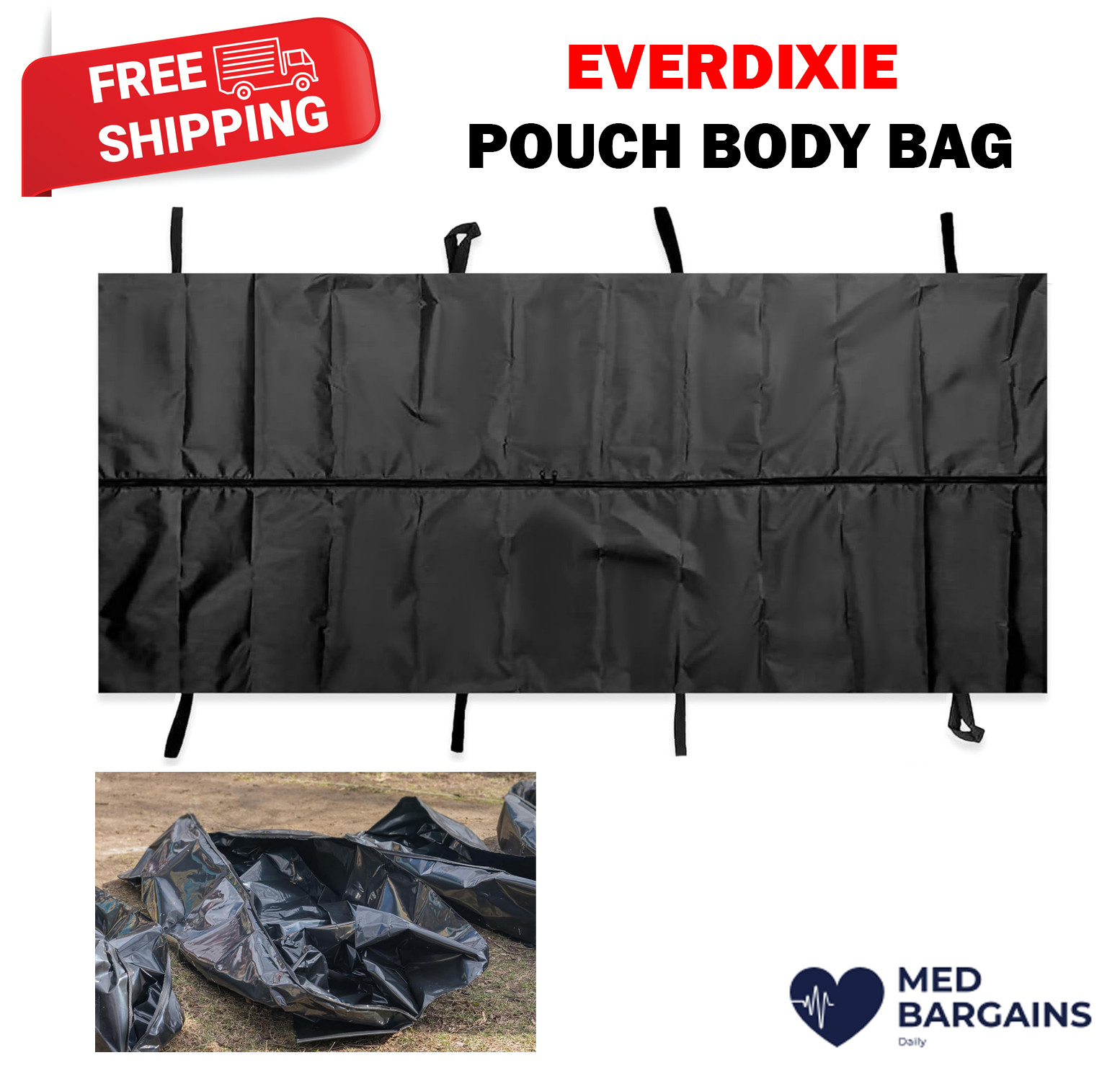 Ever Dixie Disposable Disaster Pouch Body Bag Stretcher Combo 8 Handles – Black