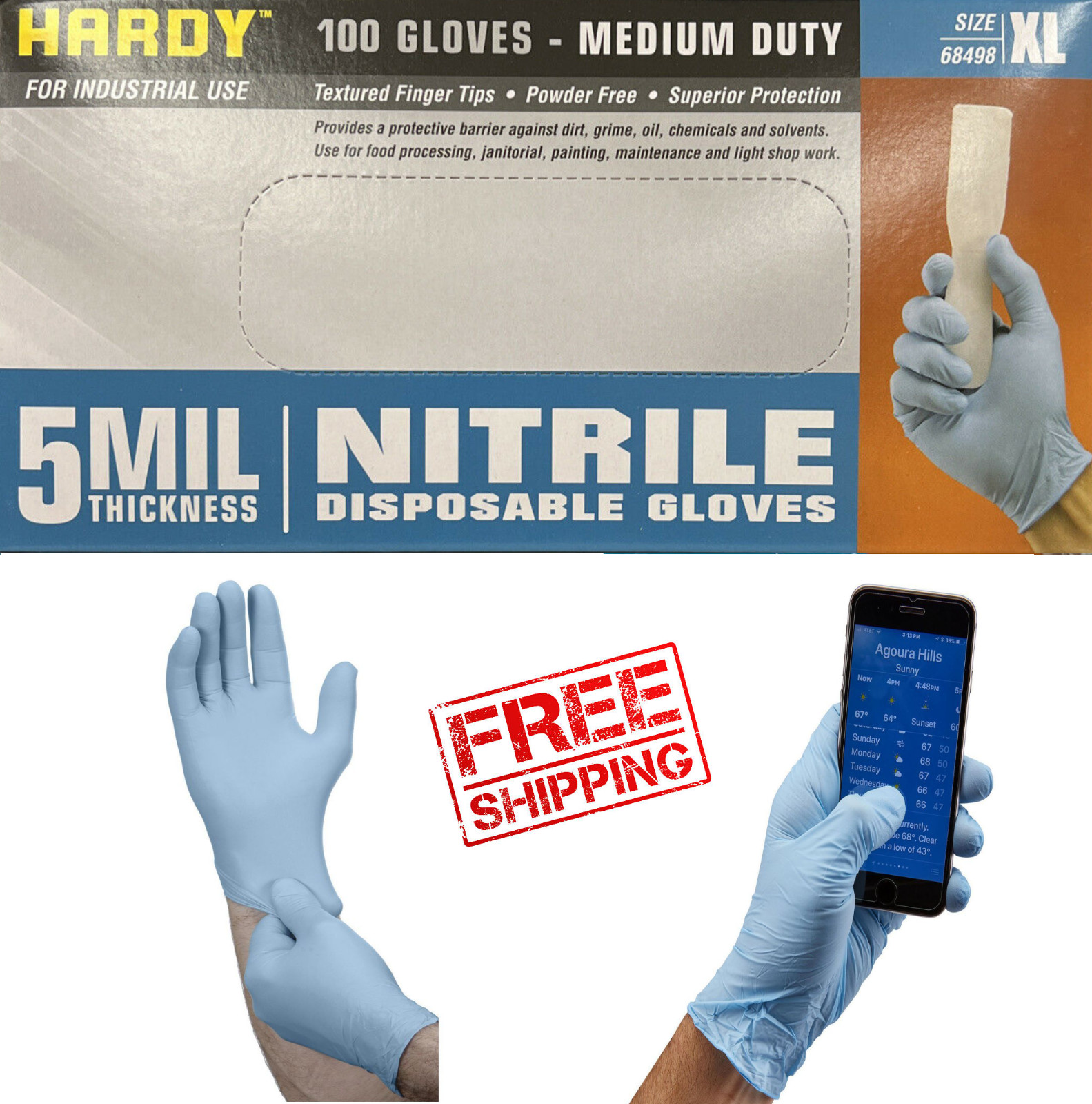 Hardy 5 Mil Nitrile Powder-Free Gloves 100 Pc XLarge