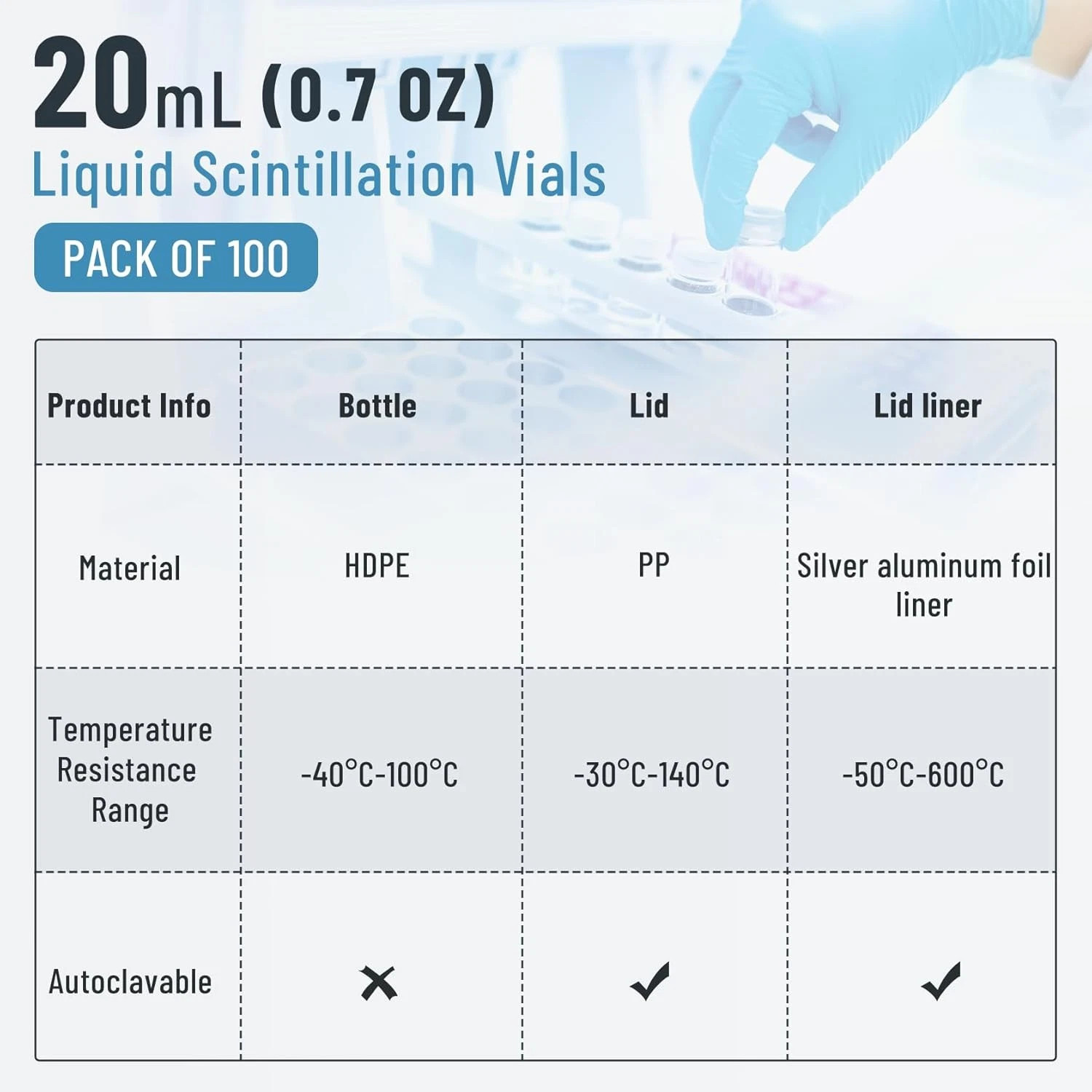 100PCS 20mL Scintillation Vial Plastic Counting Vials Small Sample Vials w/ Caps