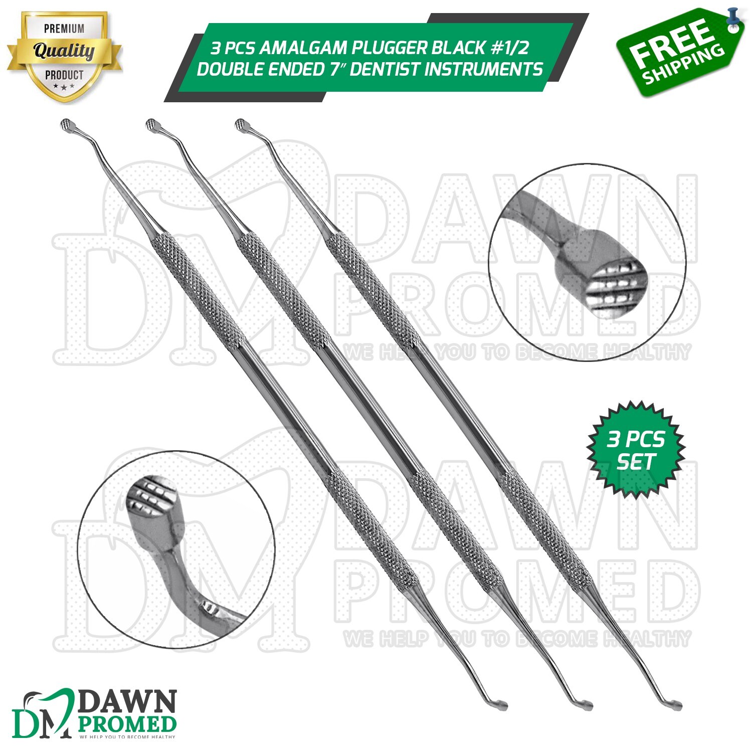 3 Pcs Amalgam Plugger Black #1/2 Double Ended 7″ Dental Instrument Set German Gr