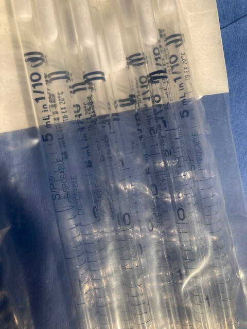 Borosilicate Glass 5mL 1/10 in Disposable Plugged Serological Grad. Pipets 130 