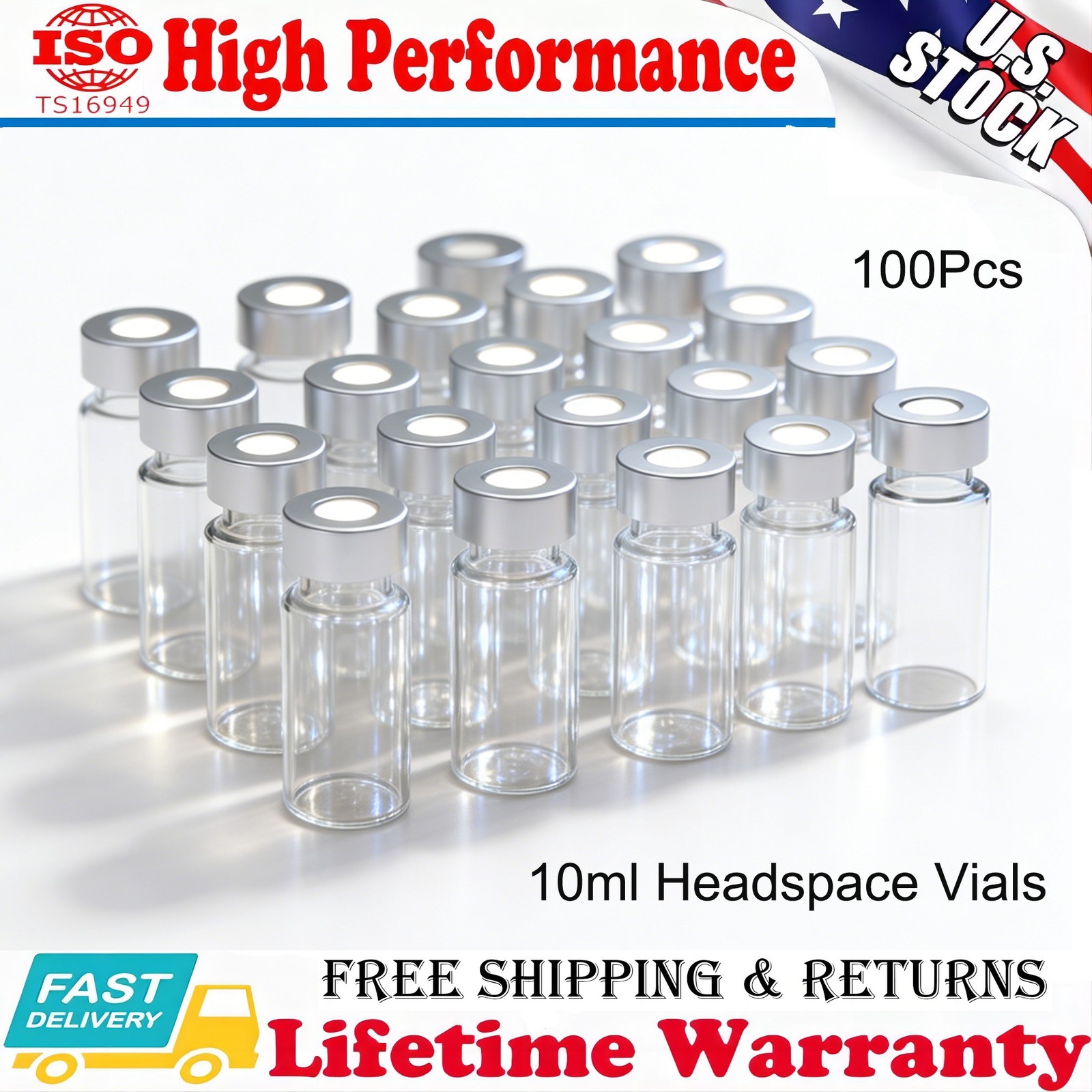 100pcs 10ml Headspace Sample Vials 20mm Crimp Top Bevelled Edge Flat Bottom US