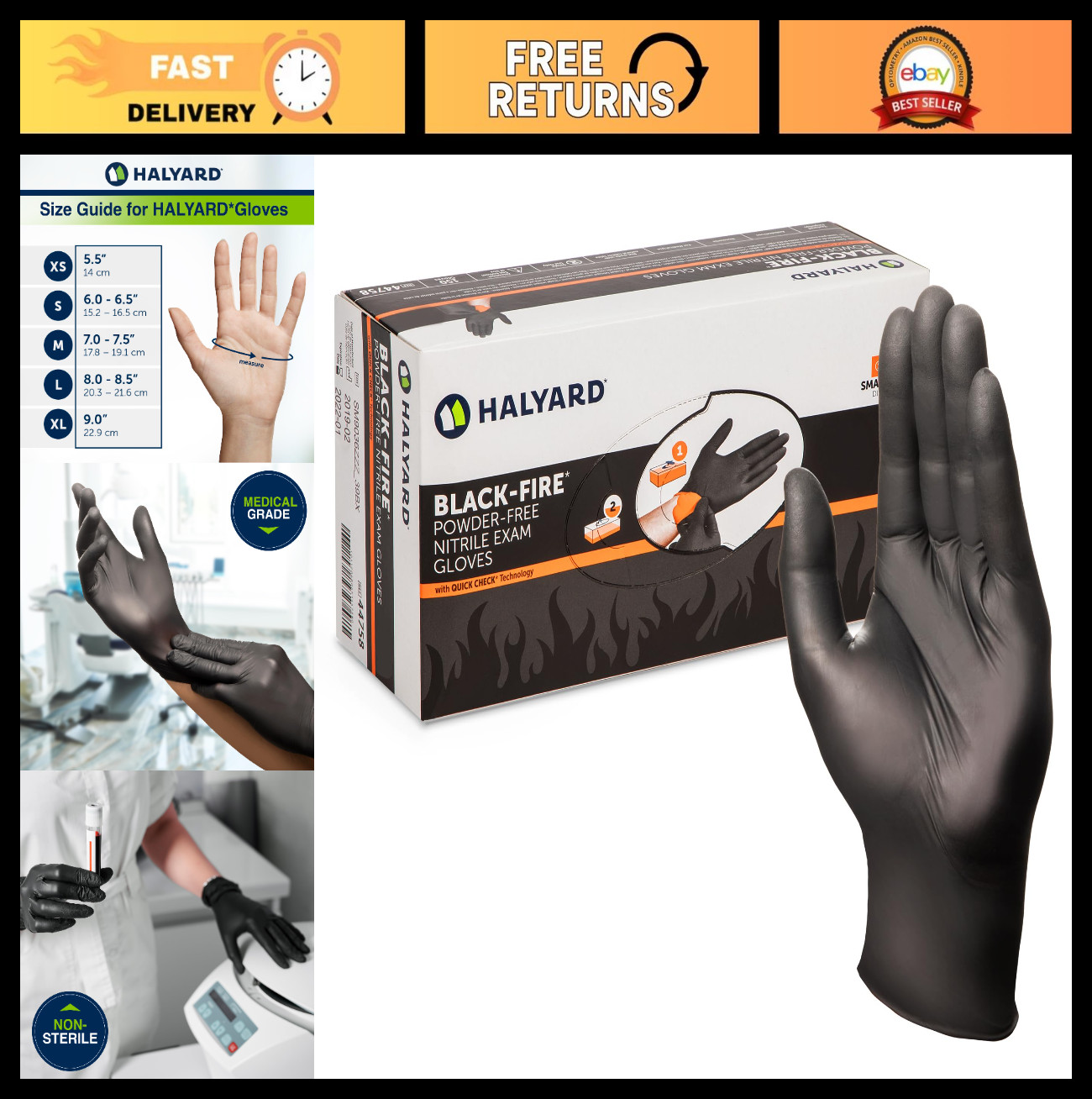 Nitrile Exam Gloves 5.5 mil, 9.5″ Black/Orange – Powder-Free, Quick Check, Dispo
