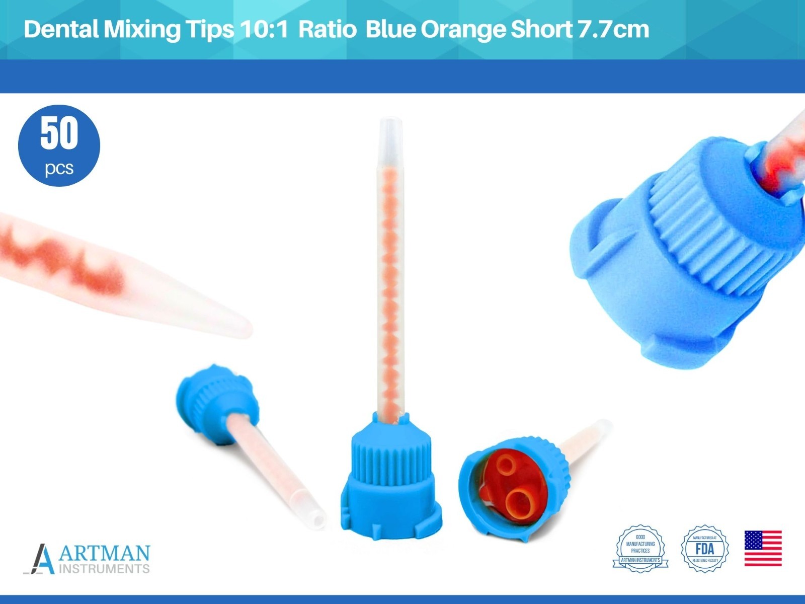 Mixing Tips 10:1 Ratio 7.7cm Crown & Bridge Impression, 50-Pack Blue/Orange