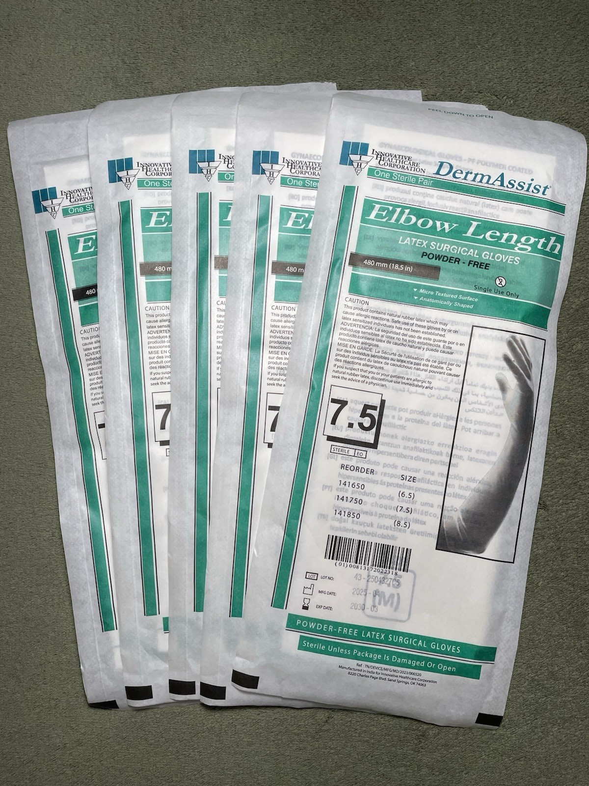 DermAssist Elbow Length Latex Surgical Gloves, 5 Pairs, Size 7.5