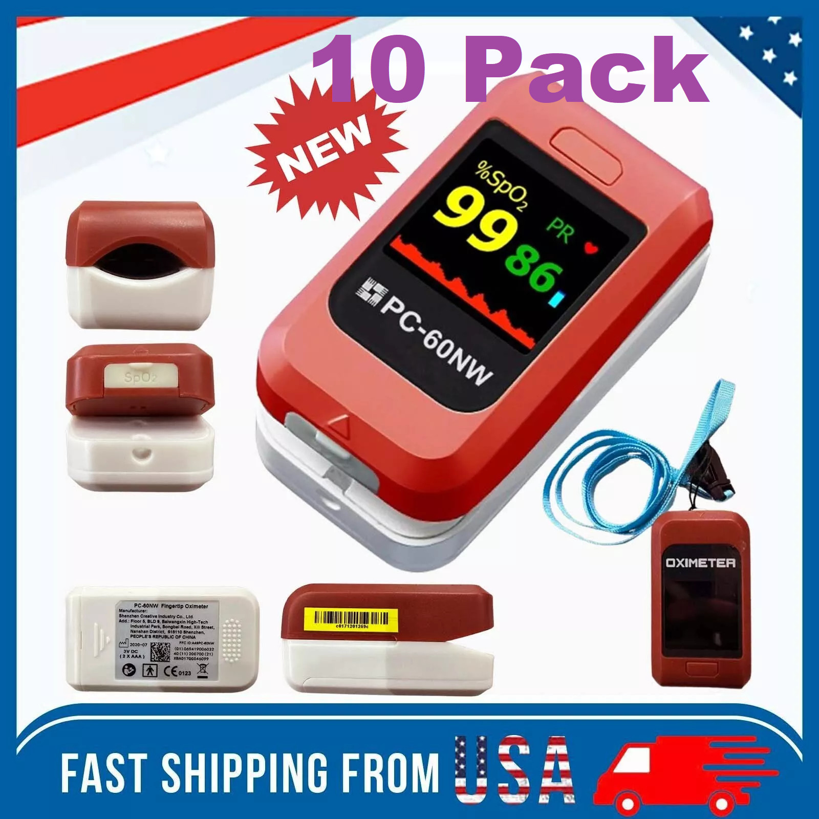 10 Pack Fingertip Pulse Oximeter Blood Oxygen Meter SpO2 PR Heart Rate Monitor
