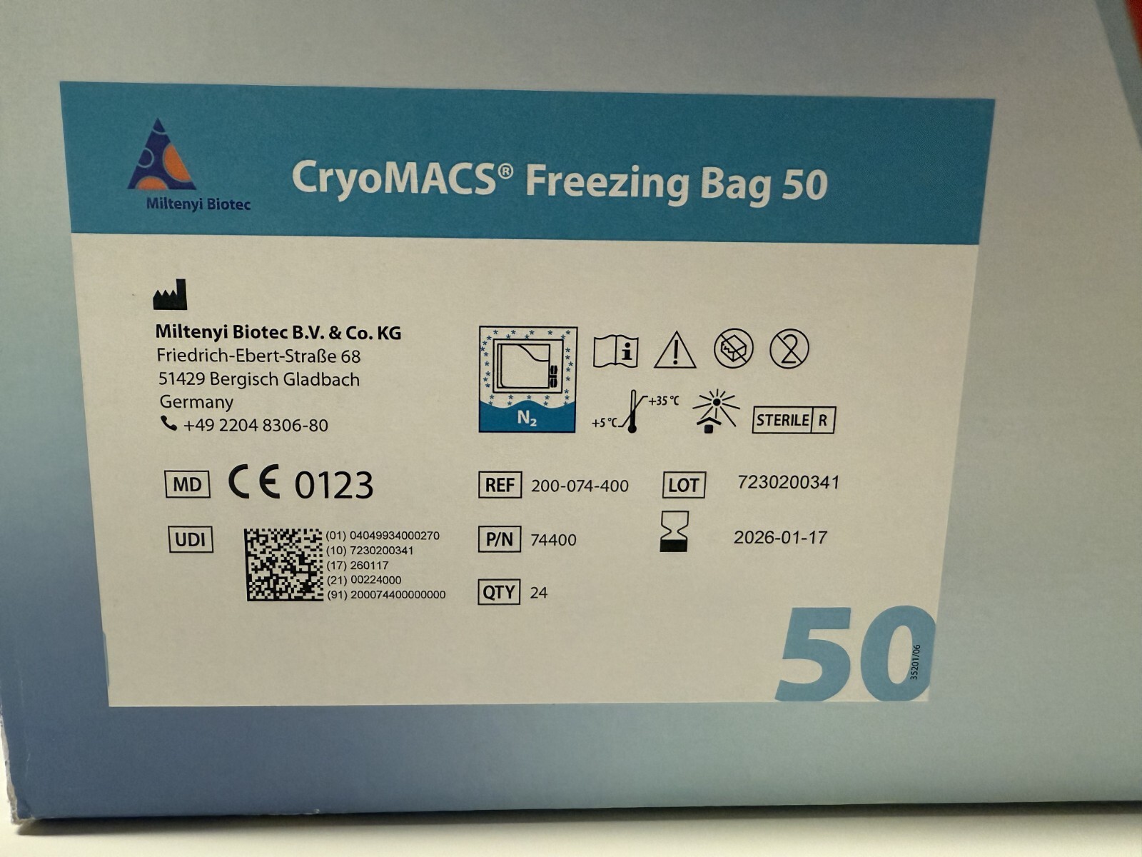 Miltenyi Biotec 200-074-400 CryoMACS Freezing Bag 50. 24 Bags. Free Shipping US