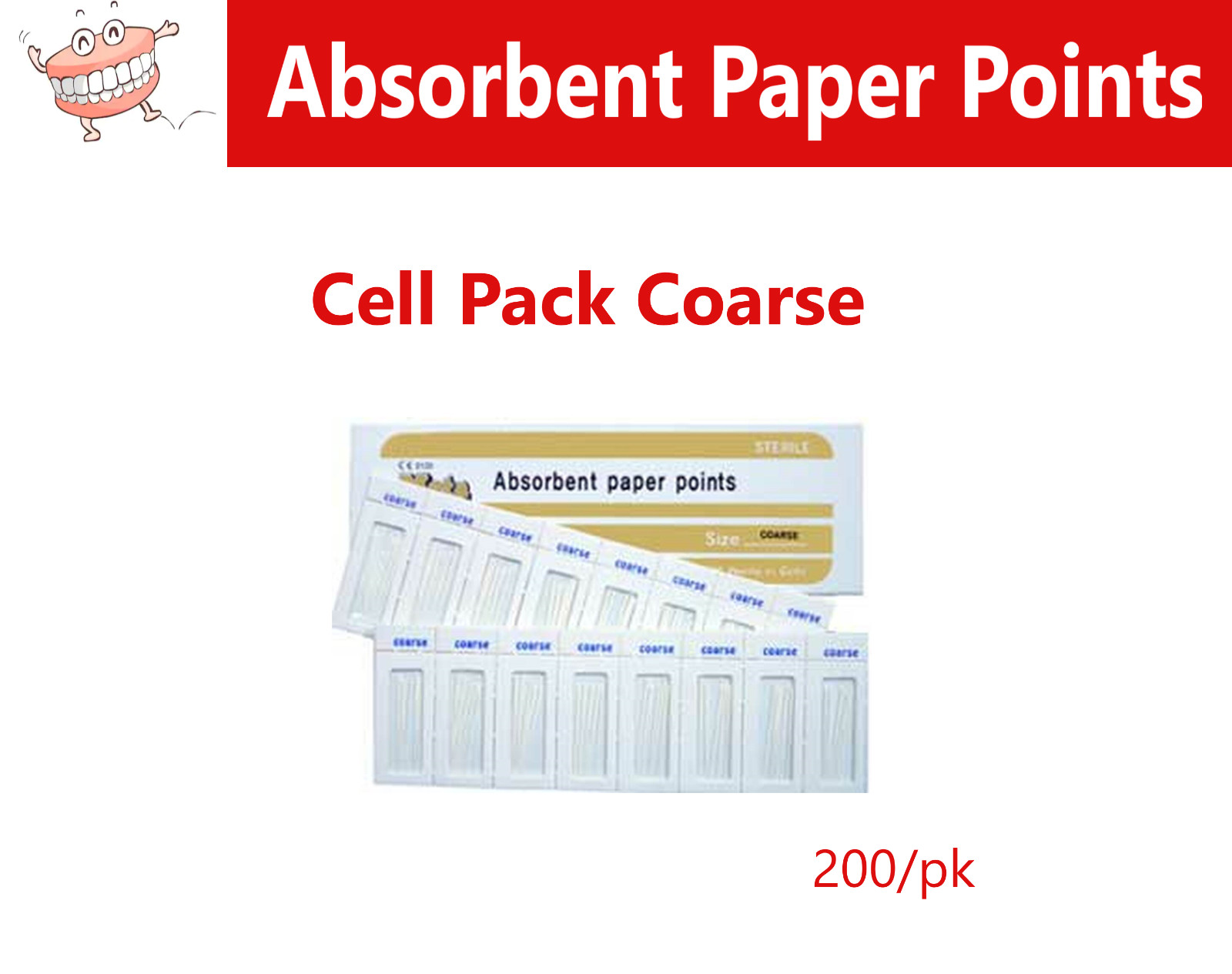 Dental Endo ABSORBENT PAPER Points CELL PACK COARSE, PP200-C, Meta, 200/Pk