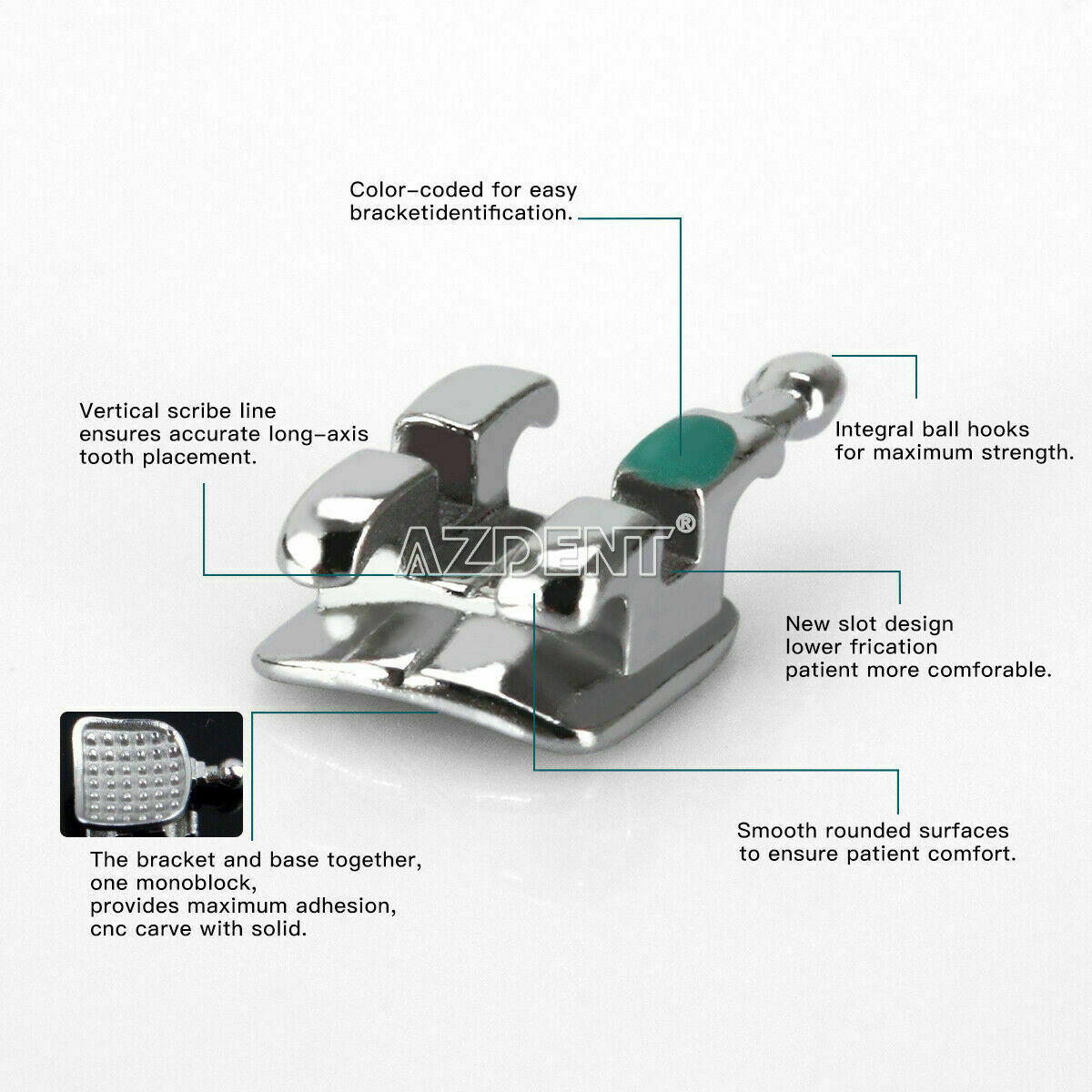 AZDENT Dental Ortho Mono Brackets Brace Mini Metal Roth/MBT 018/022 345Hook Base