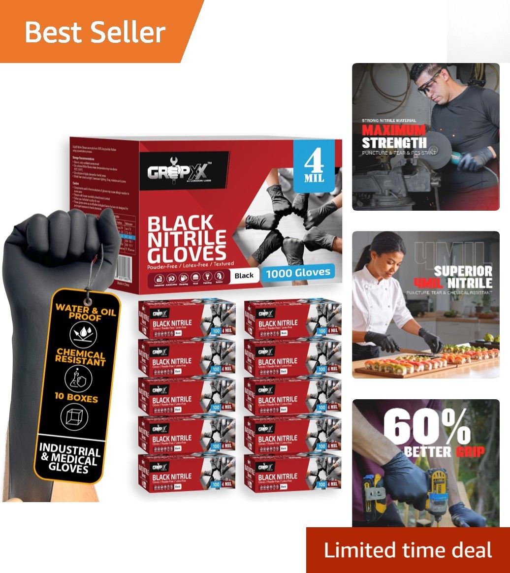 4 Mil Black Nitrile Gloves – Disposable, Waterproof, & Ambidextrous, Size Large