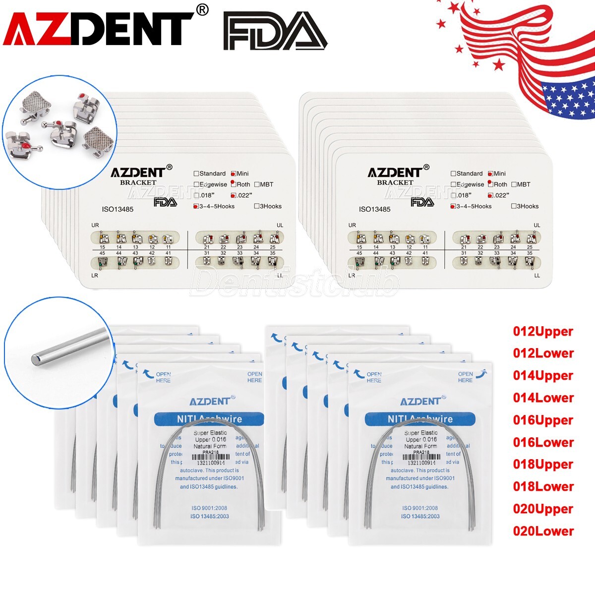 AZDENT Dental Ortho Metal Braces Brackets Mini Roth.022 Hook345/Arch Wire Nature