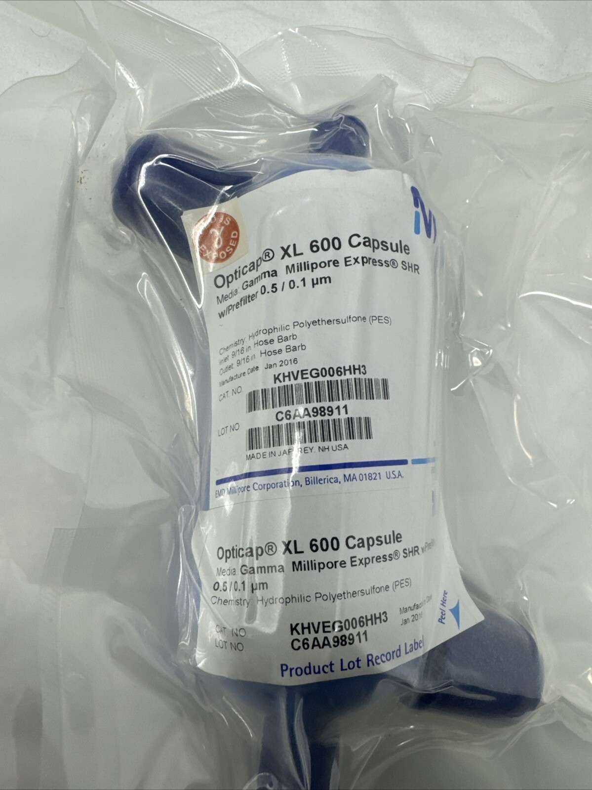 Millipore Opticap XL 600 Capsule Gamma SHR KHVEG006HH3 0.5/0.1 UM Lab Supply New