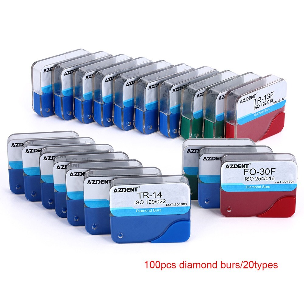 100Pcs AZDENT Dental Diamond Burs High Speed Handpiece Friction Grip 20 Types