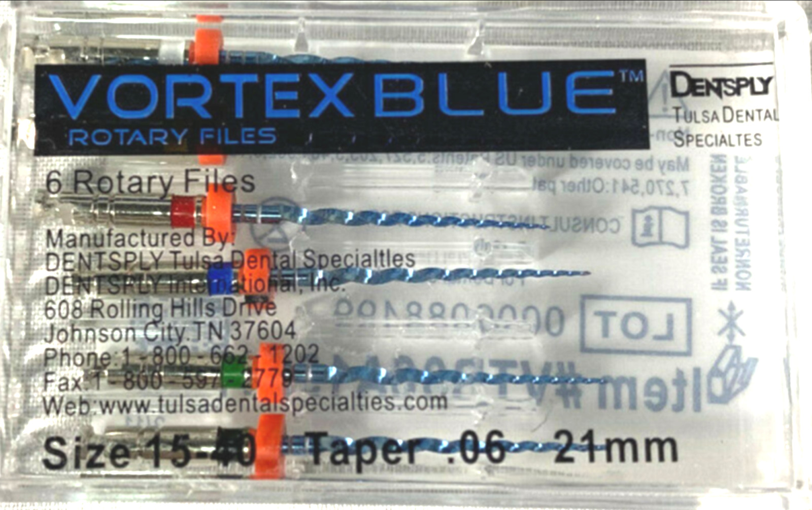 Dentsply Tulsa Dental Vortex Blue Taper rotary files 21mm or 25mm .06 6files/pk