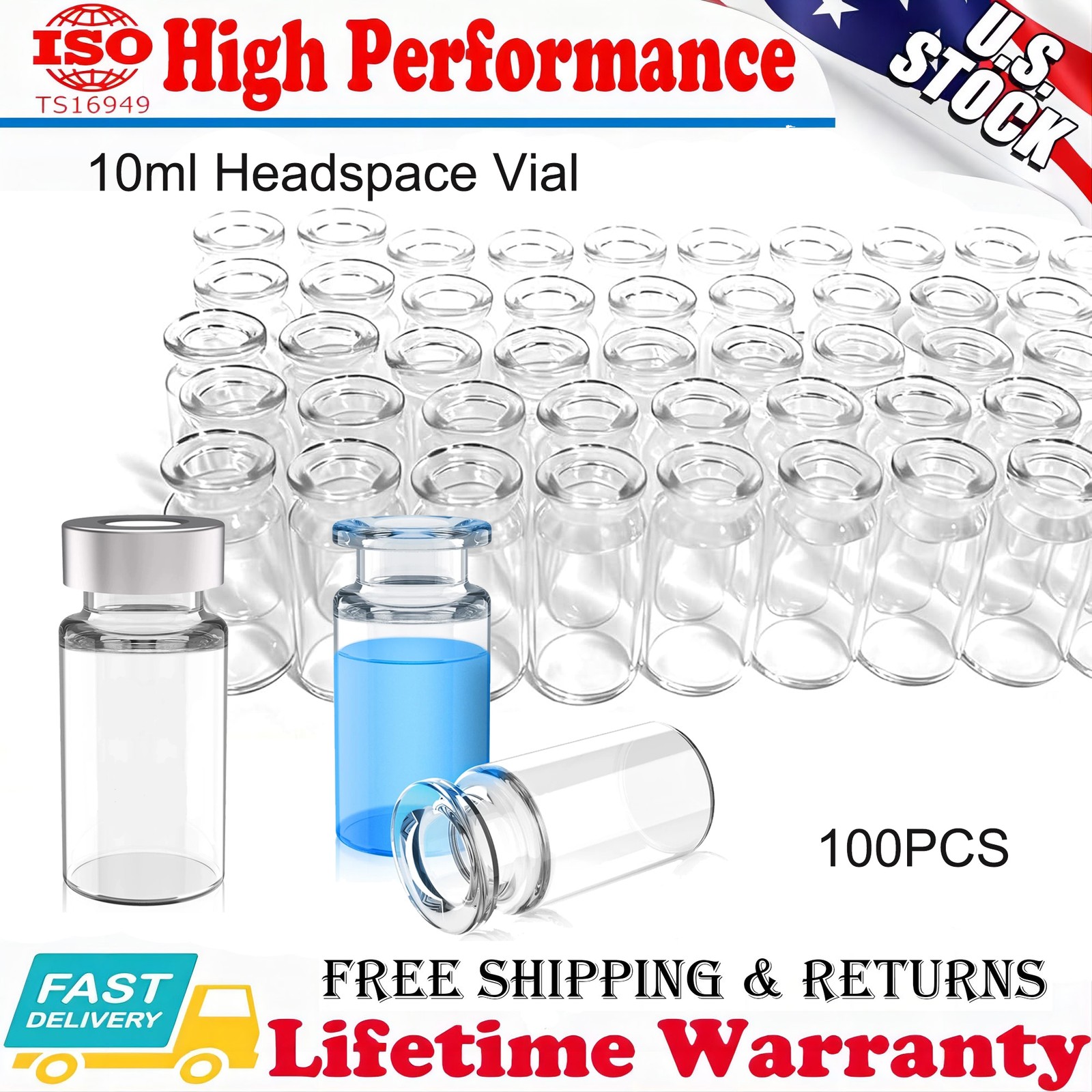 100PCS Clear Glass 10ml Headspace Sample Vials 20mm Crimp Transparent Flat HPLC