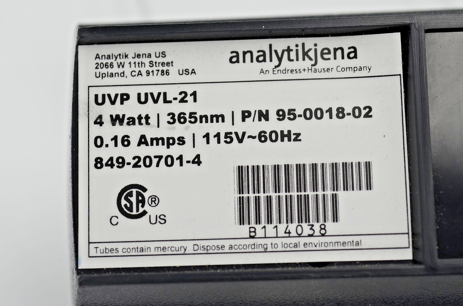Endress+Hauser Analytikjena UVP UVL-21 95-0018-002 UV Lamp 4W 365nm 115V~60Hz