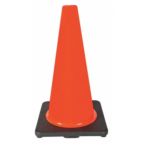Traffic Cone, Standard Shape, PVC, 18 in H, Orange, Non-Reflective, Black Base