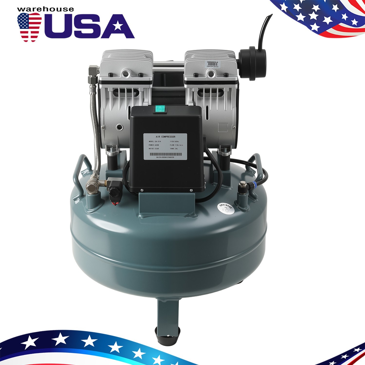 24L Portable Compresor de aire dental Oil Free Silent Air Pump 600W Air Tank