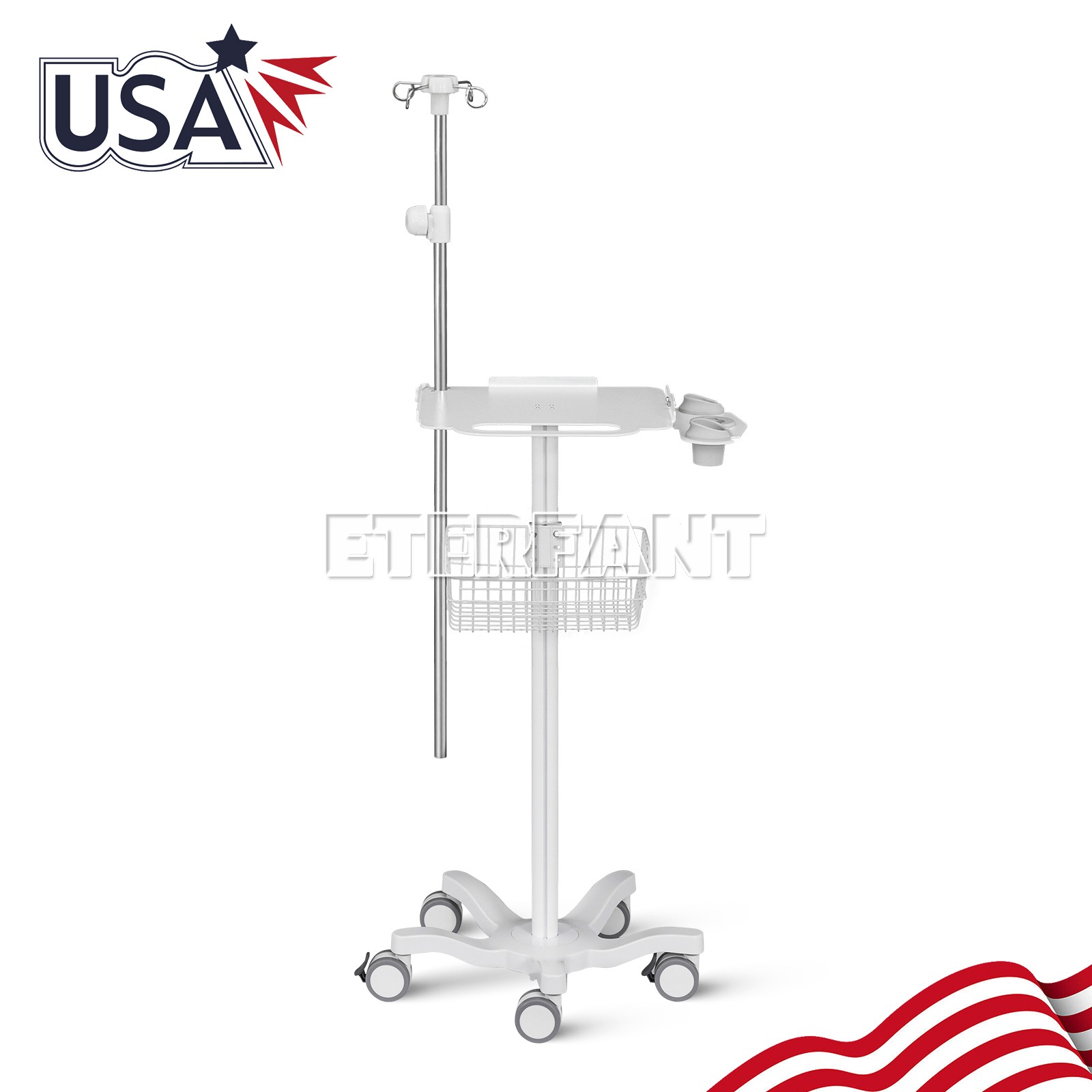 Mobile Rolling Cart Height-Adjustable Medical Trolley Cart Basket Infusion Stand
