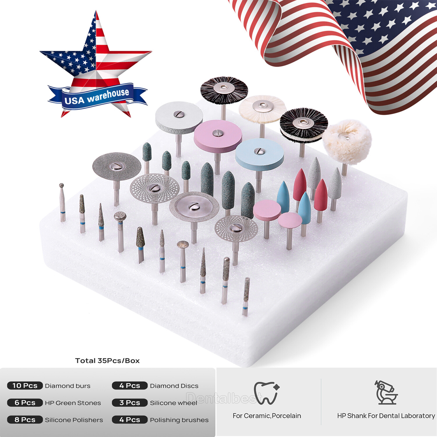35pcs Dental Polishing HP Kit Diamond Burs 2.35mm For Ceramic Porcelain Grinding