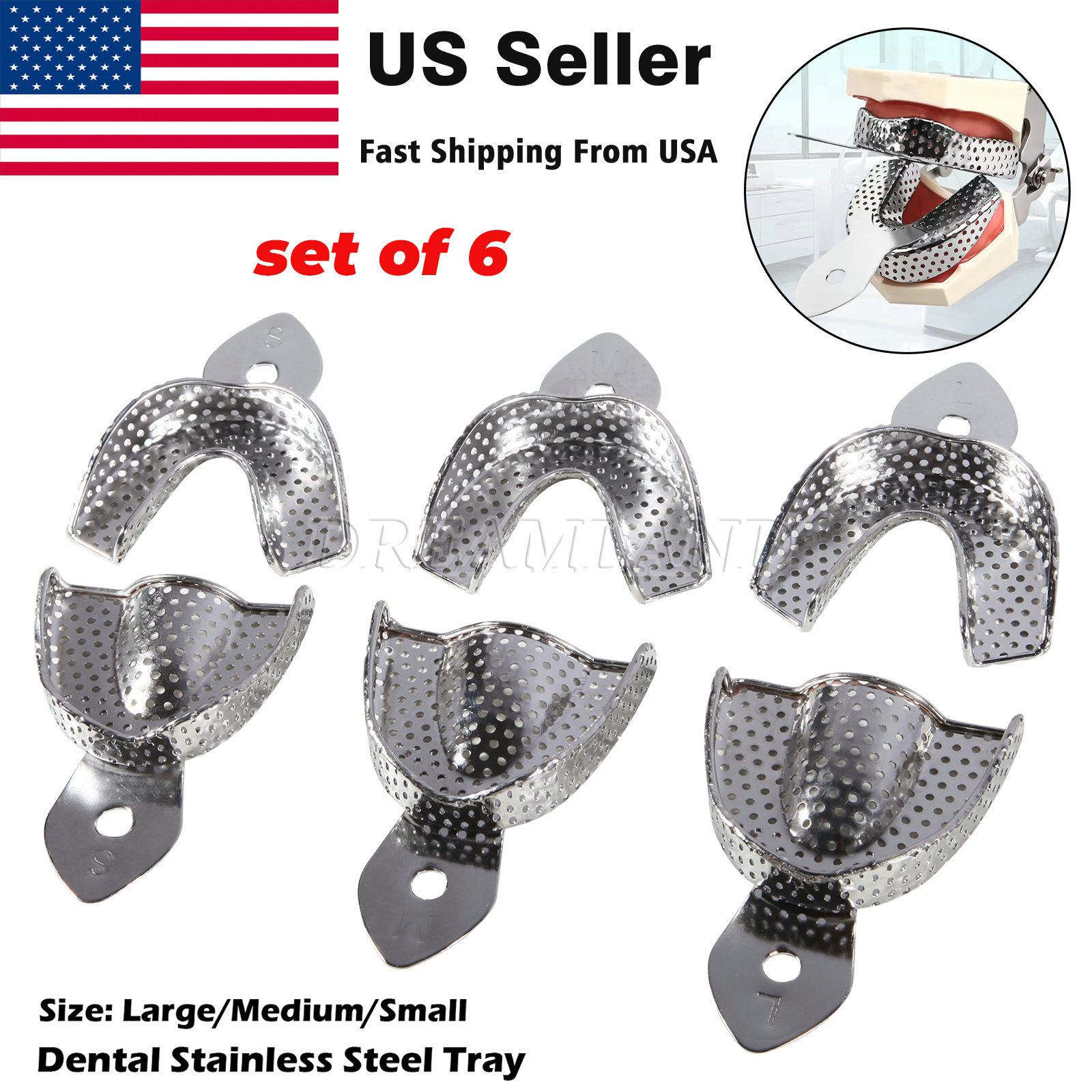 6 Pcs Perforated Metal Dental Impression Trays Set Edentulous Instruments CE