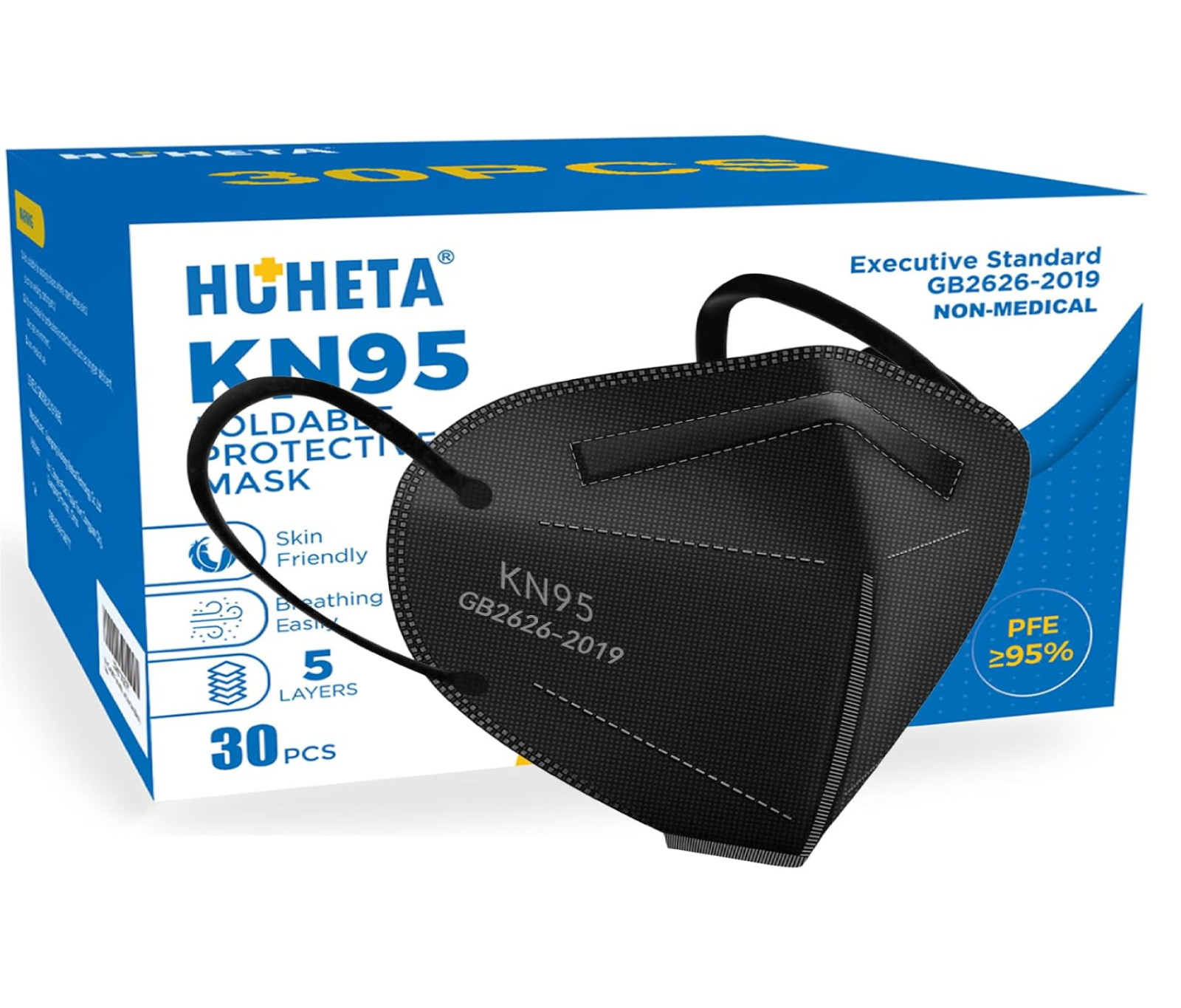 HUHETA KN95 Face Masks Packs of 30 Individually Wrapped 5-Ply Breathable and …
