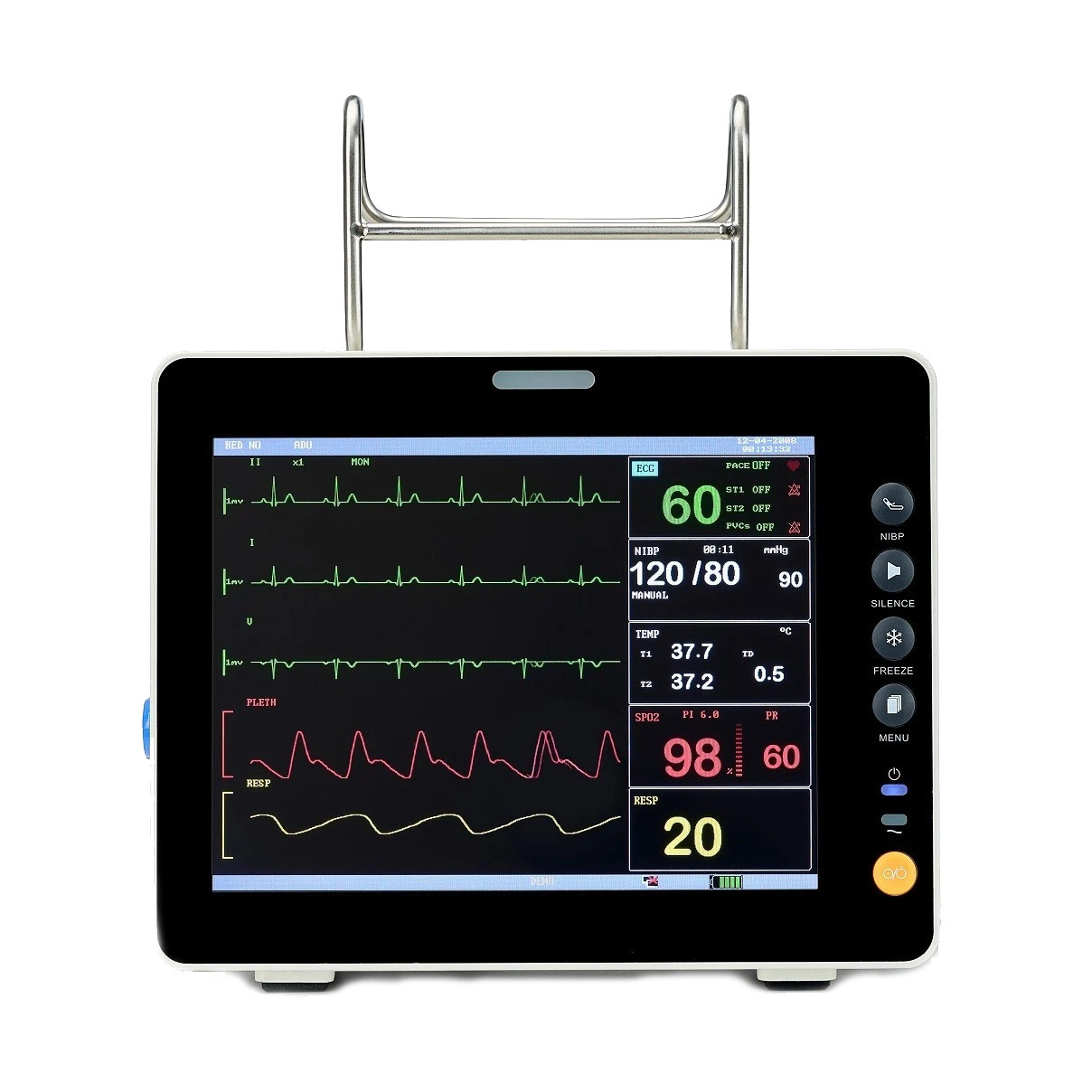 8″ Portable 5-Parameter Patient Monitor Vital Signs ECG NIBP SpO2 RESP TEMP
