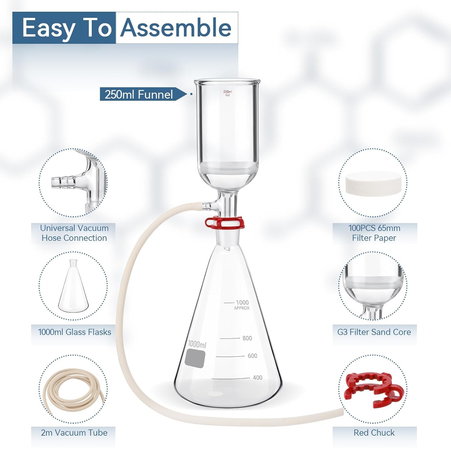 Glass Flask Lab Vaccum Suction Filter Filtration Kit 250ml Funnel & 1000mL Flask