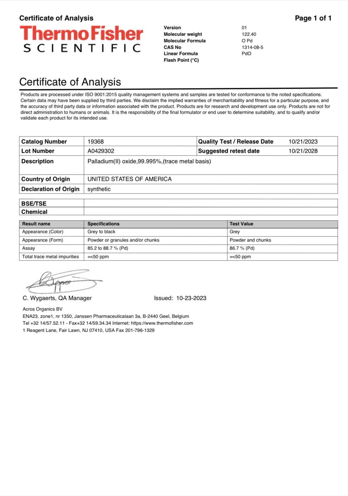 Palladium(II) oxide, 1 gram, 99.995% trace metals basis