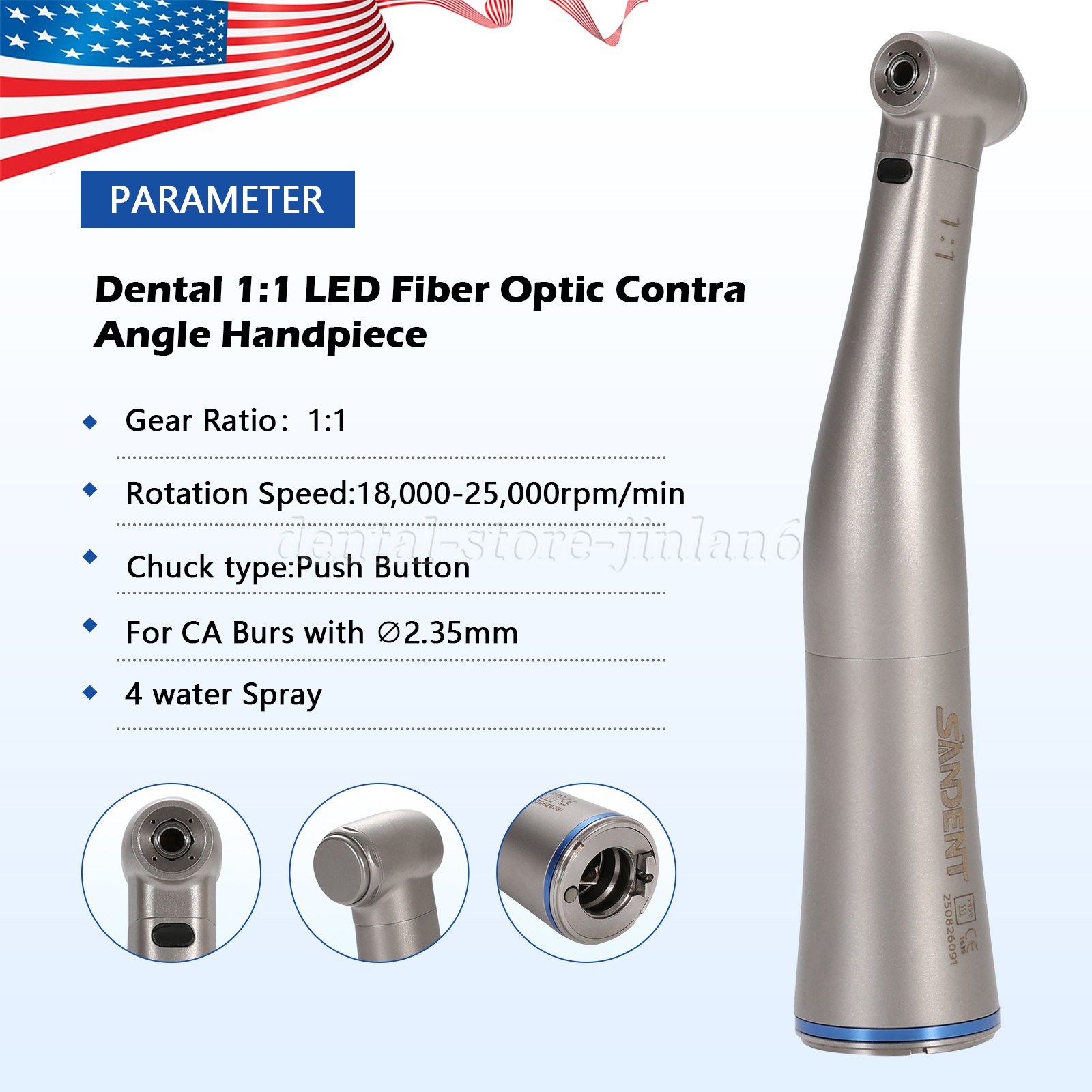 1-10 Dental 1:1 LED Fiber Optic Contra Angle Electric Handpiece Inner 4 Spray L