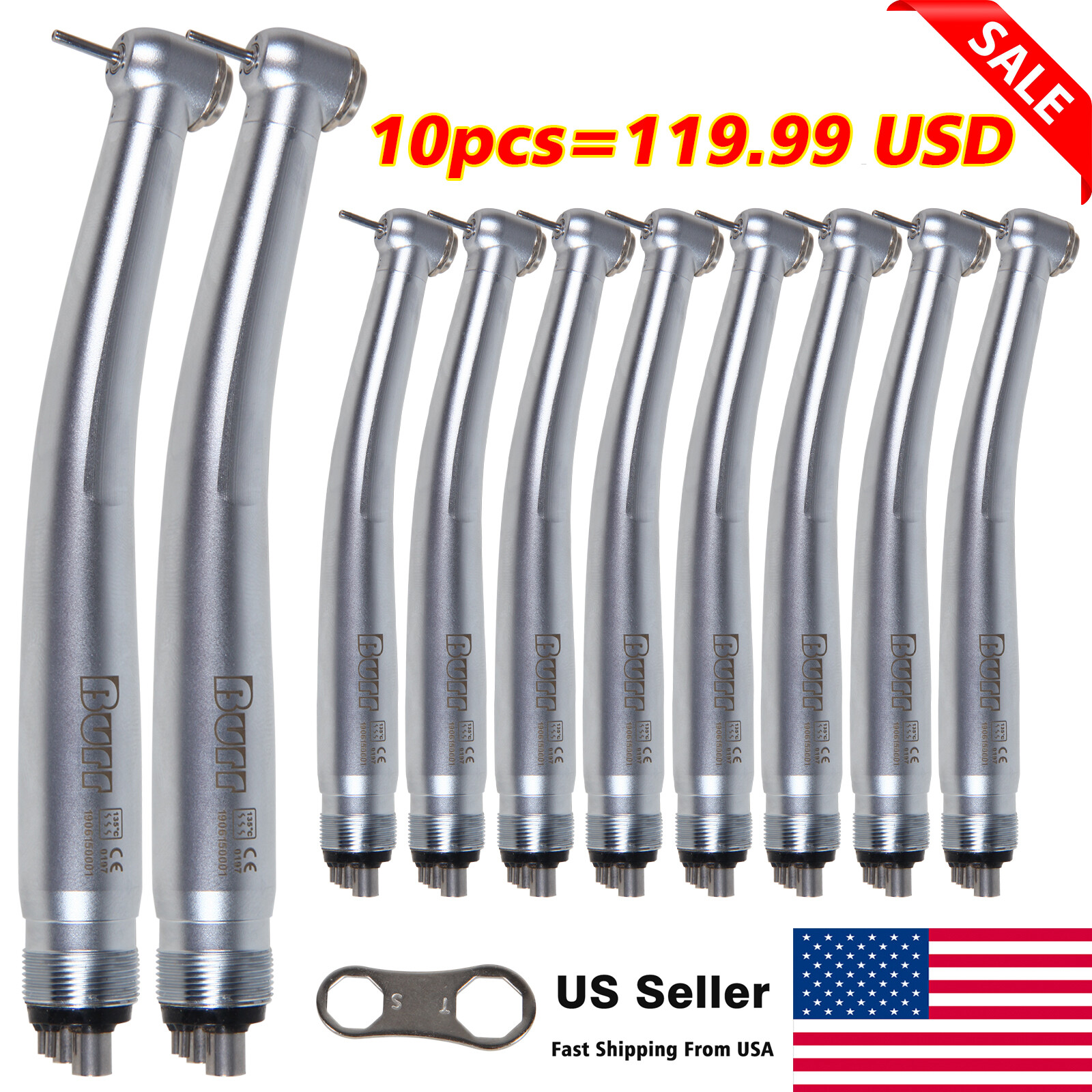 10* BURR Dental Fast High Speed Handpiece Push Turbine 4 Holes Fit NSK Pana Max