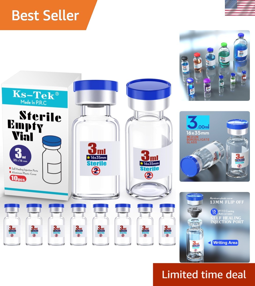 Sterile 3ml Glass Vials with Aluminum Cap Self Healing Injection Port 10pcs