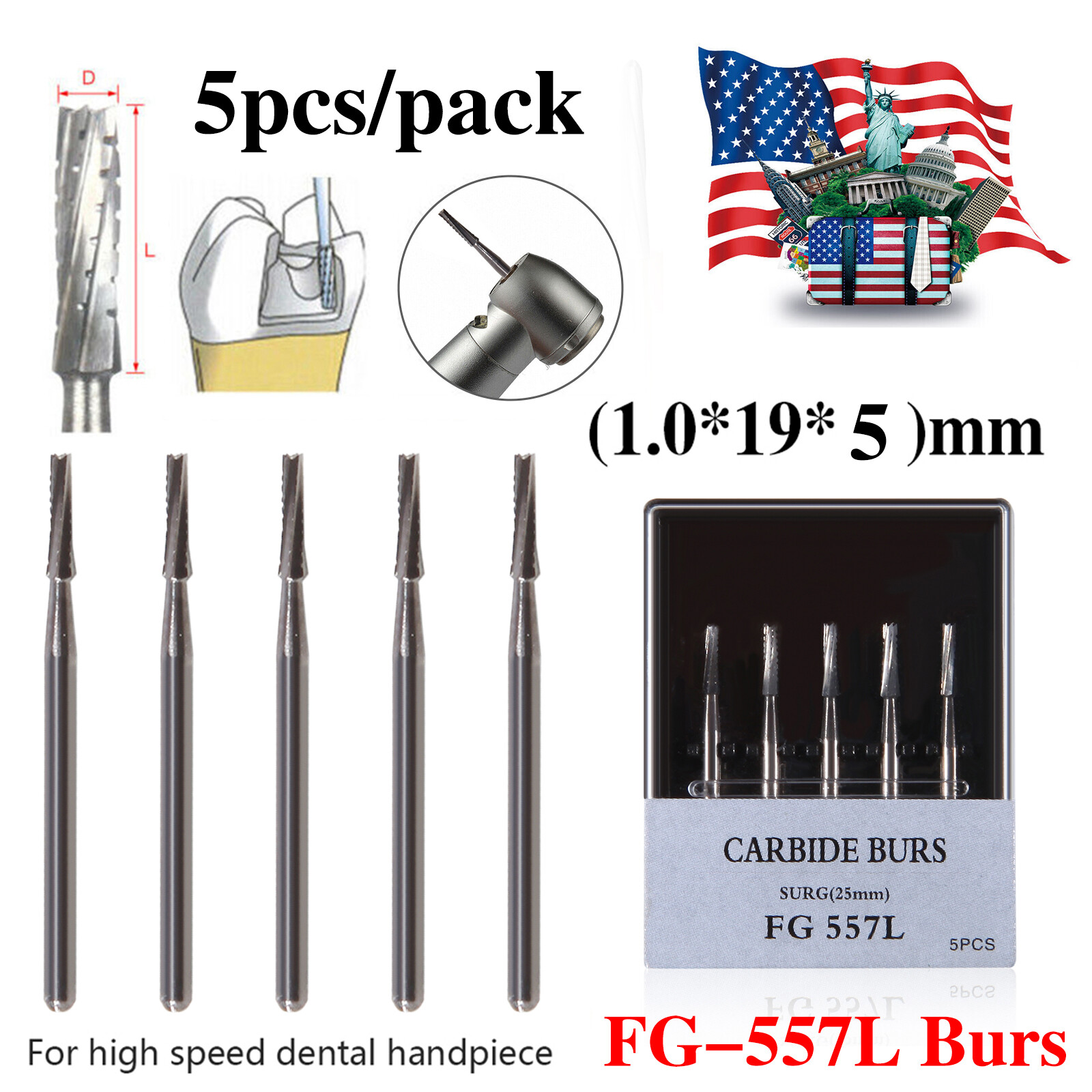 5PCS Dental Carbide Surgical Burs FG 557L SURG 25mm Bur for High Speed Handpiece