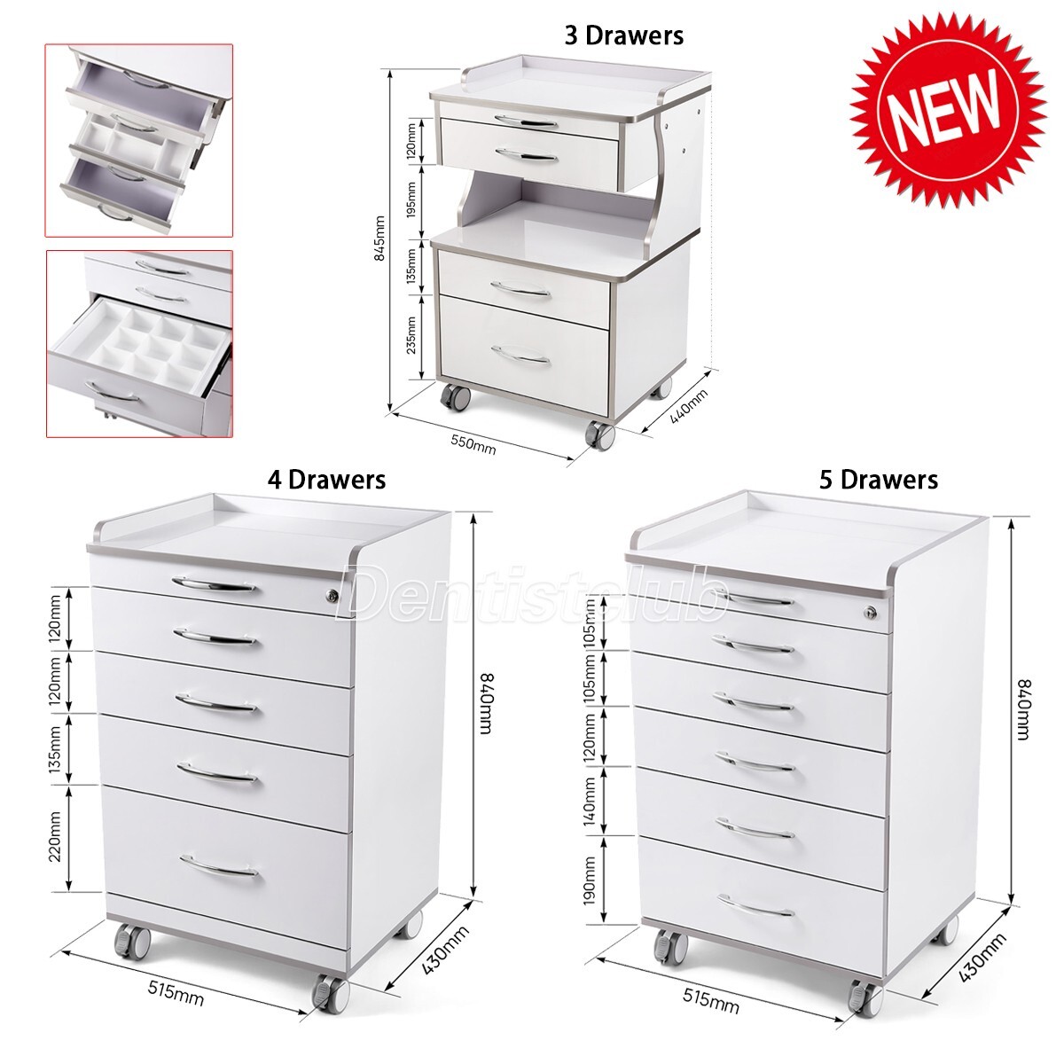 AZDENT Dental Mobile Medical Cabinet Cart 3/4/5 Drawers Clinic Cabinet Trolley