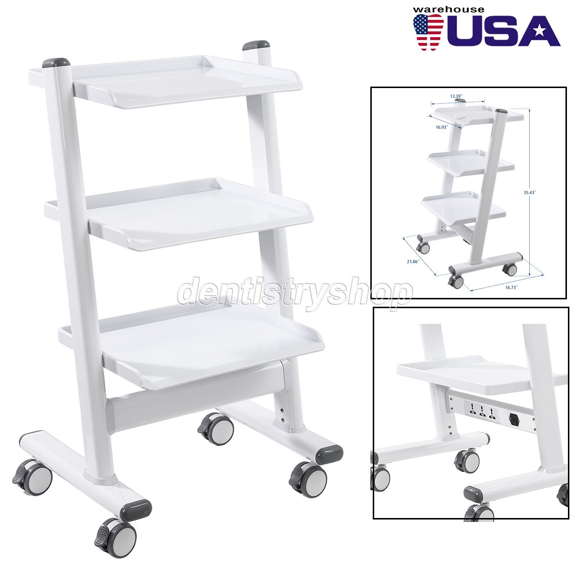Dental Lab Medical Trolley Carts Three-Layers With 4 Brakes Casters Equipment