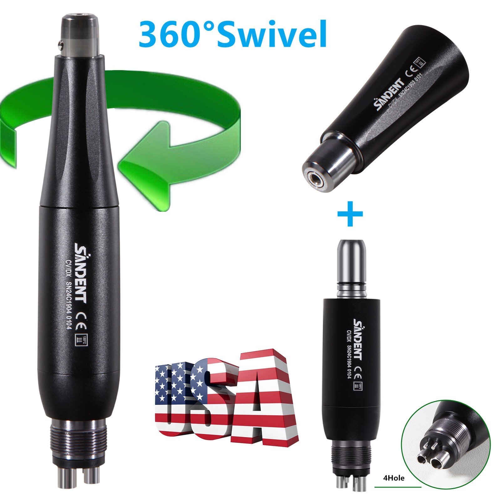 360° Swivel Dental Hygiene Prophy Handpiece Air Motor 4Holes 4:1 Nose Cone 135°C