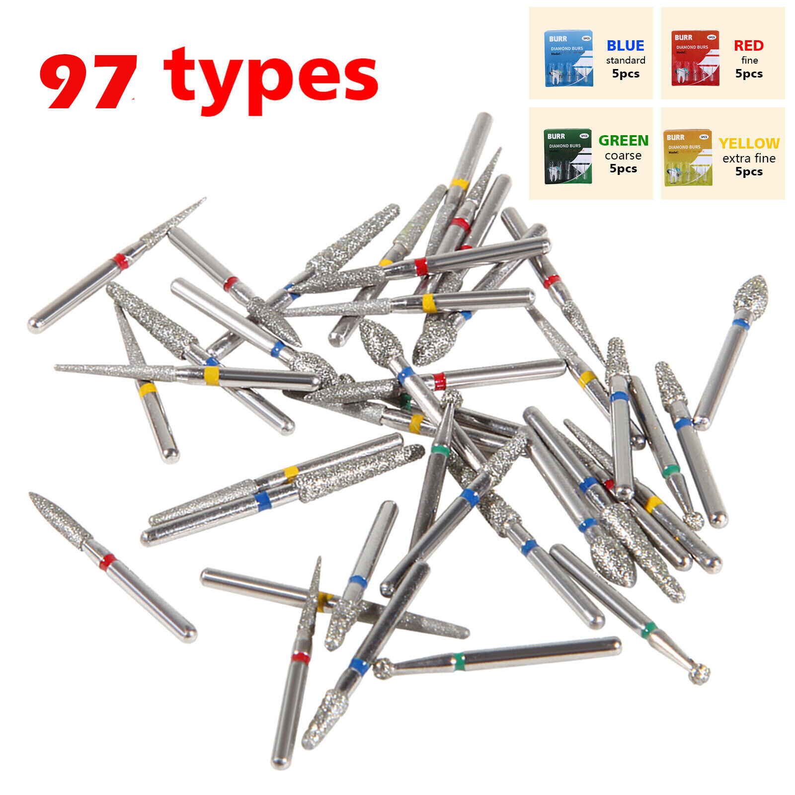 97Types Dental Diamond Burs FG 1.6mm for High Speed Handpiece 5pcs/pack DL