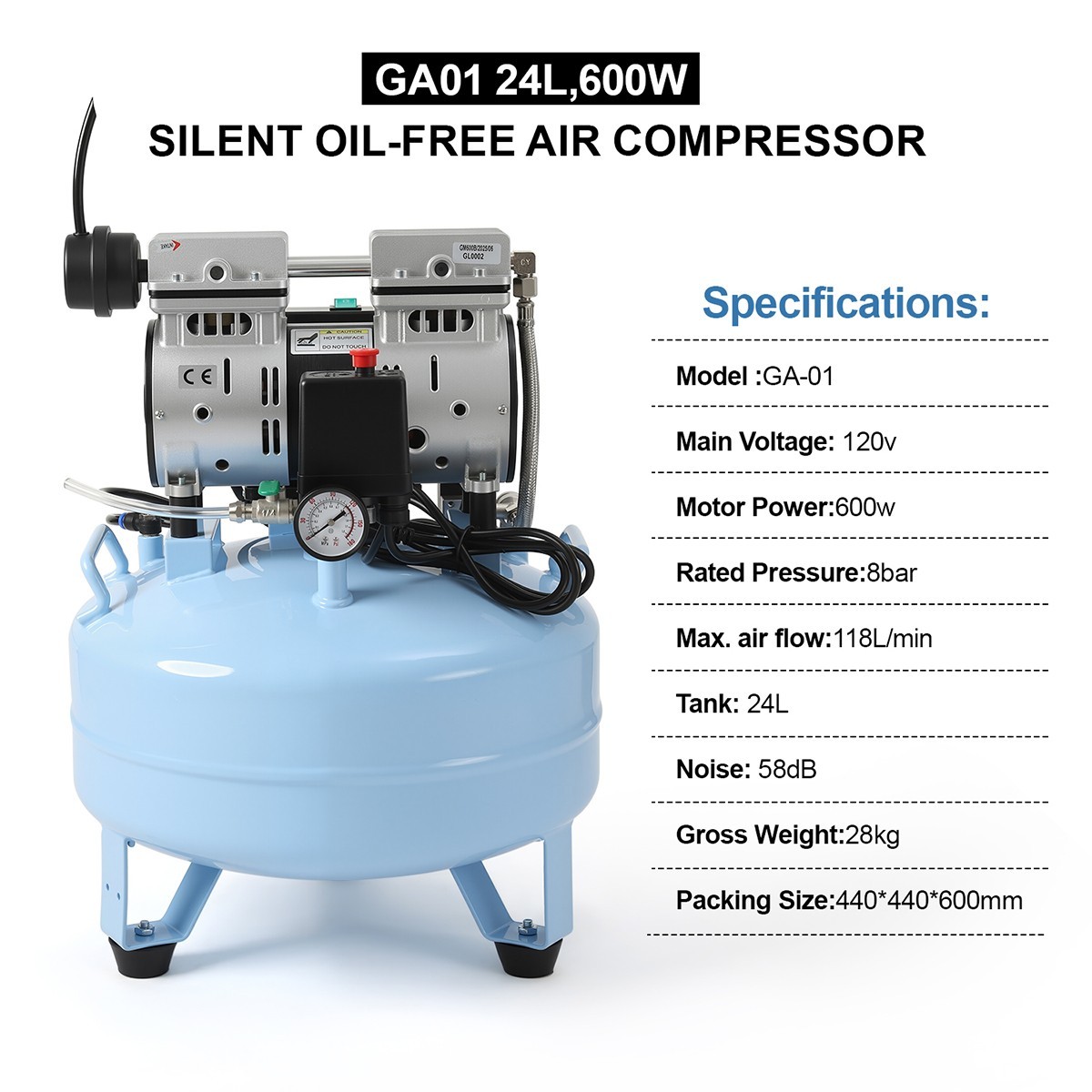 FDA CE Portable Dental Mobile Silent Oil-Free Air Compressor 24L/40L Air Tank