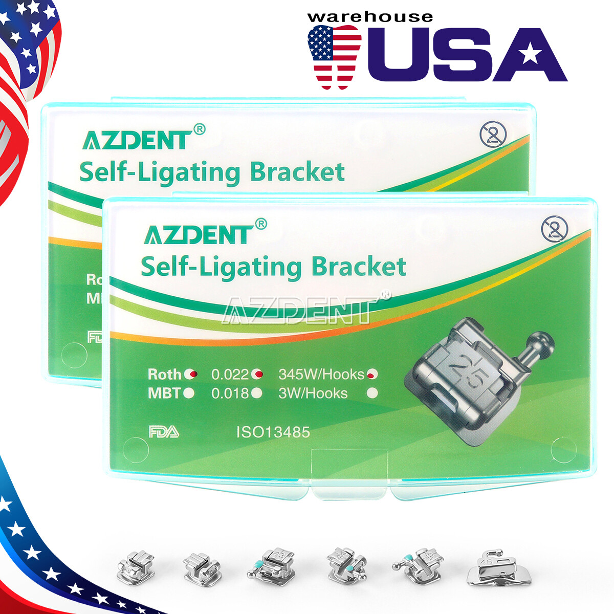 AZDENT Dental Orthodontic Self-Ligating Brackets Braces Roth 022 Hooks 3 4 5
