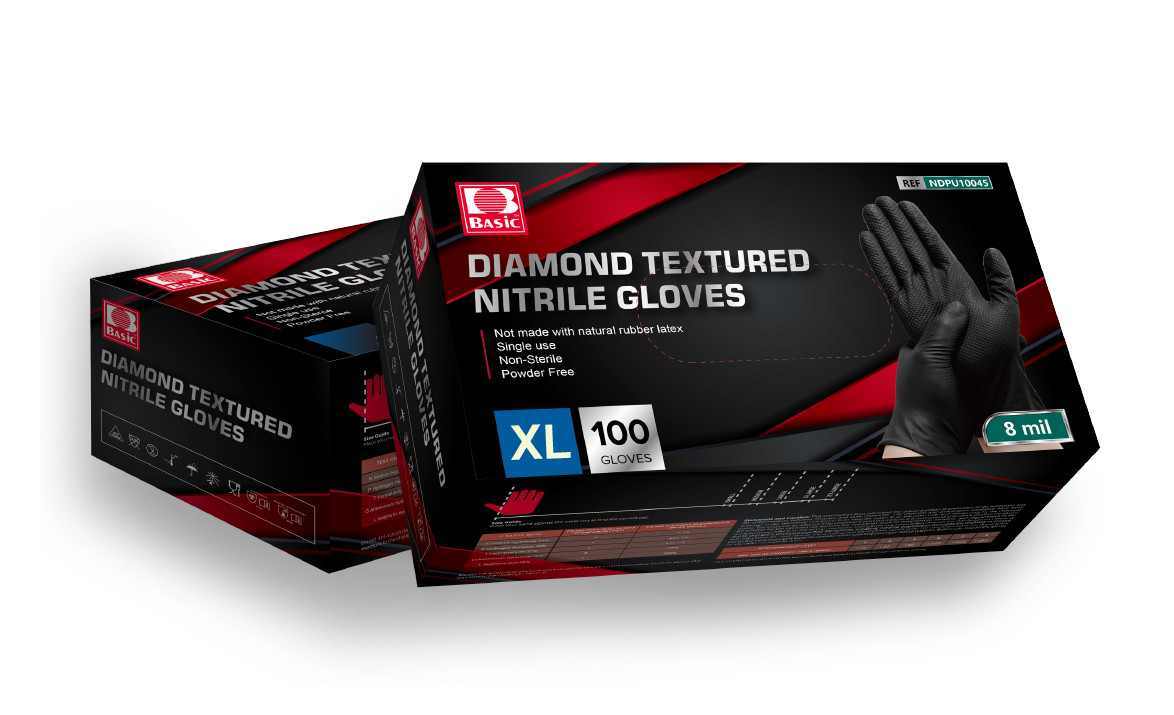 Diamond Textured Black Industrial Nitrile Gloves 8 Mil X-Large, 100/Bx