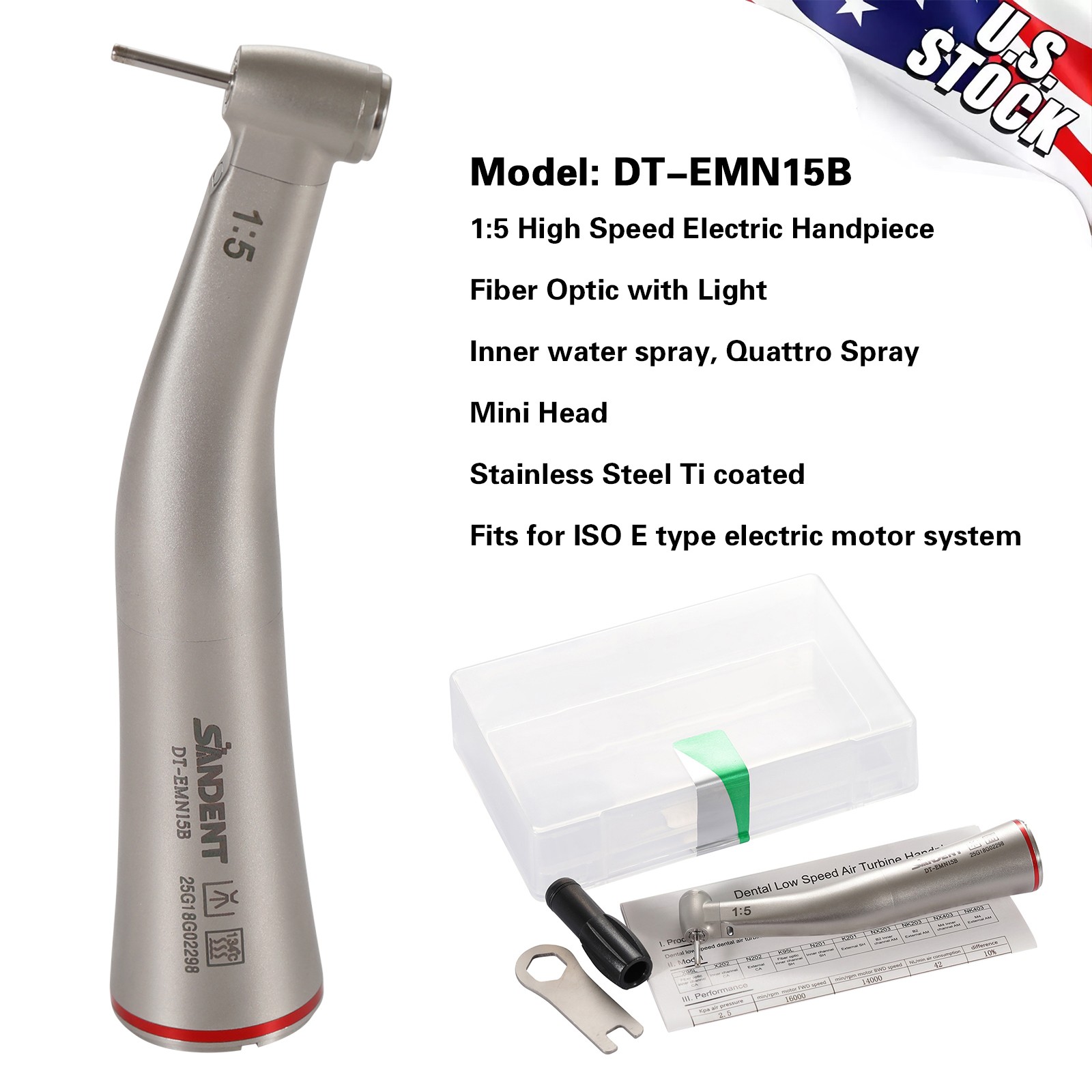 Dental 1:5 Contra Angle FG1.6mm LED Fiber Optic Handpiece MINI Inner Spray UPS H